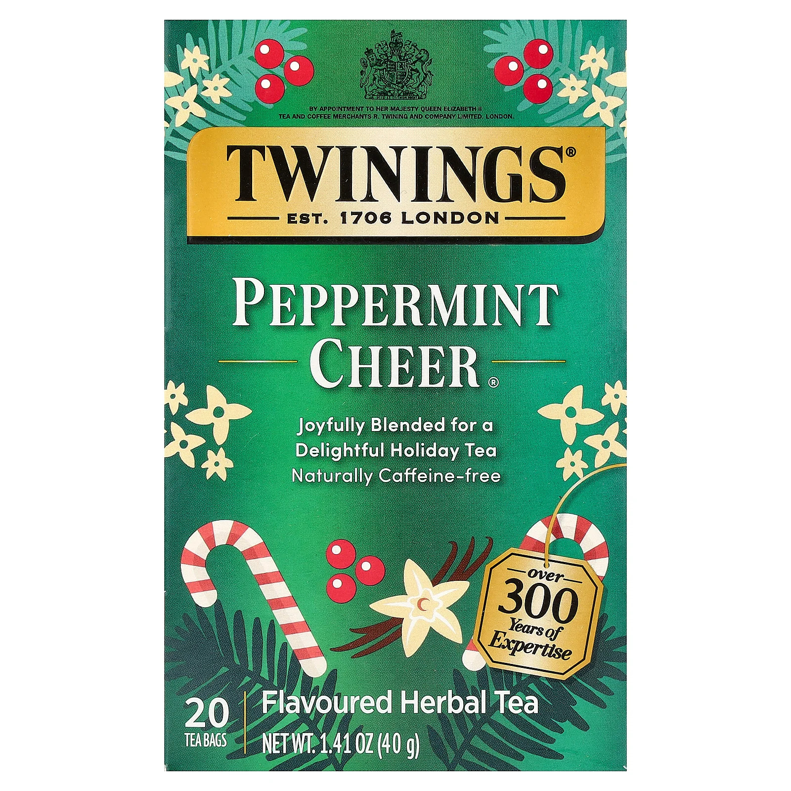 Flavored Herbal Tea, Peppermint Cheer, Caffeine Free, 20 Tea Bags, 1.41 oz (40