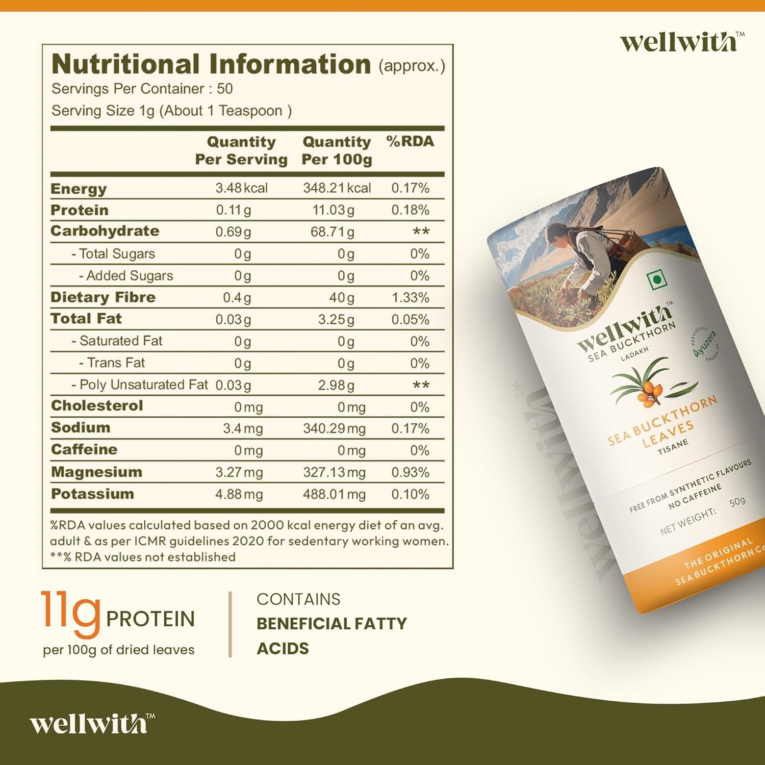 Wellwith (Ayuzera) Sea Buckthorn Raw Leaves Tea Himalayan Herbal Leaf Tea 50g