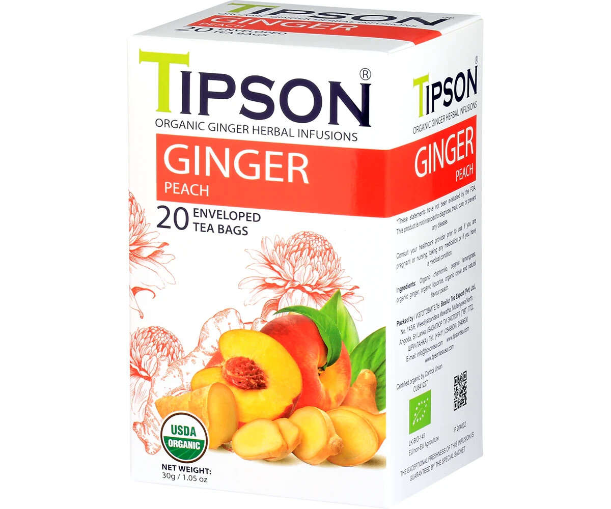 Ceylon Tipson Ginger & Peach Organic Herbal Tea Infusions 20 Tea Bags 2pcs