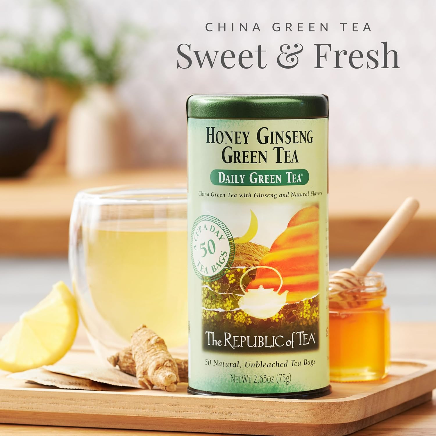 – Honey Ginseng Green Tea, 50 Tea Bags, Tin | Flavored Gourmet Tea | Caffeinated