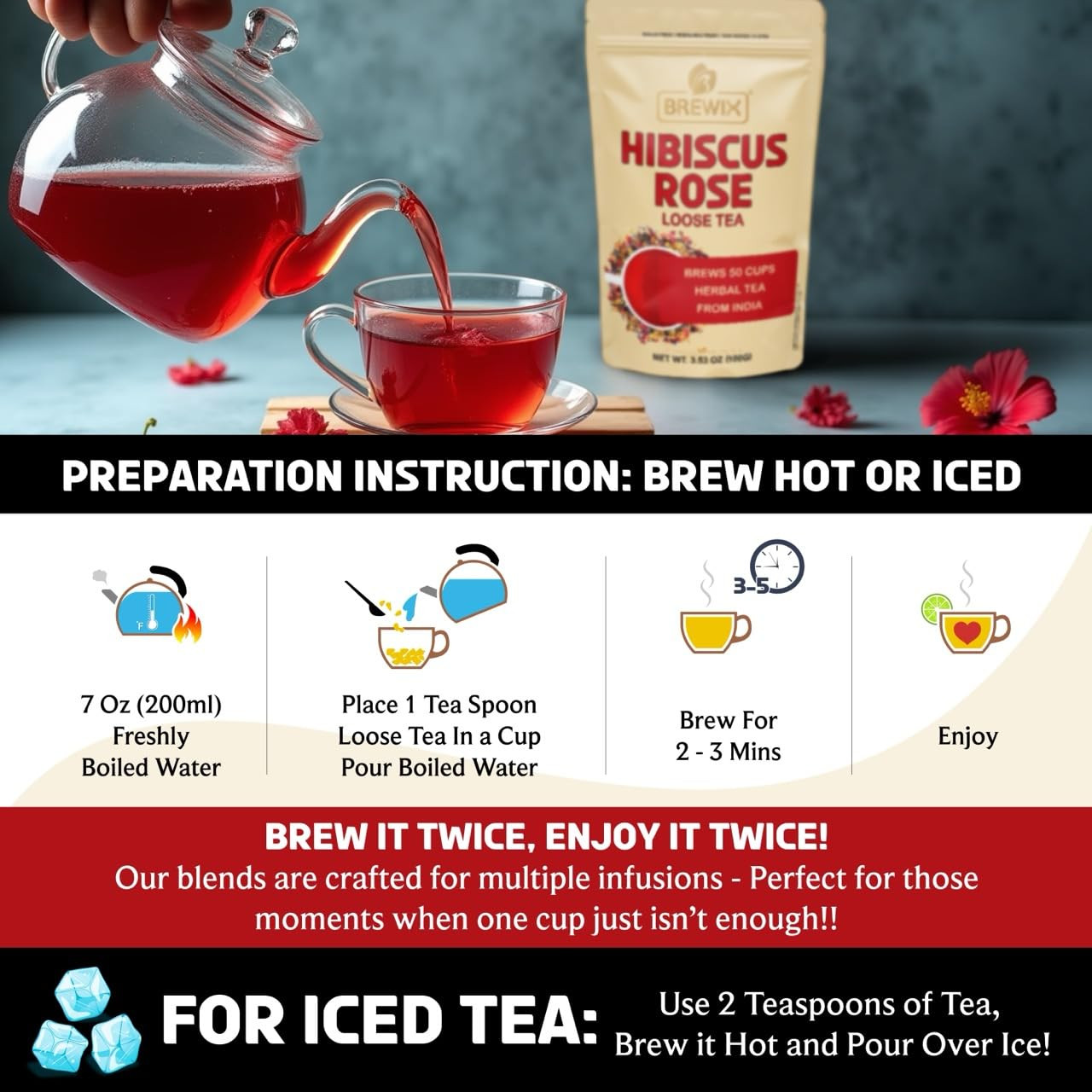 , Hibiscus Rose Herbal Loose Tea (50+ Cups) | 100% Natural, Handmade, Pure from