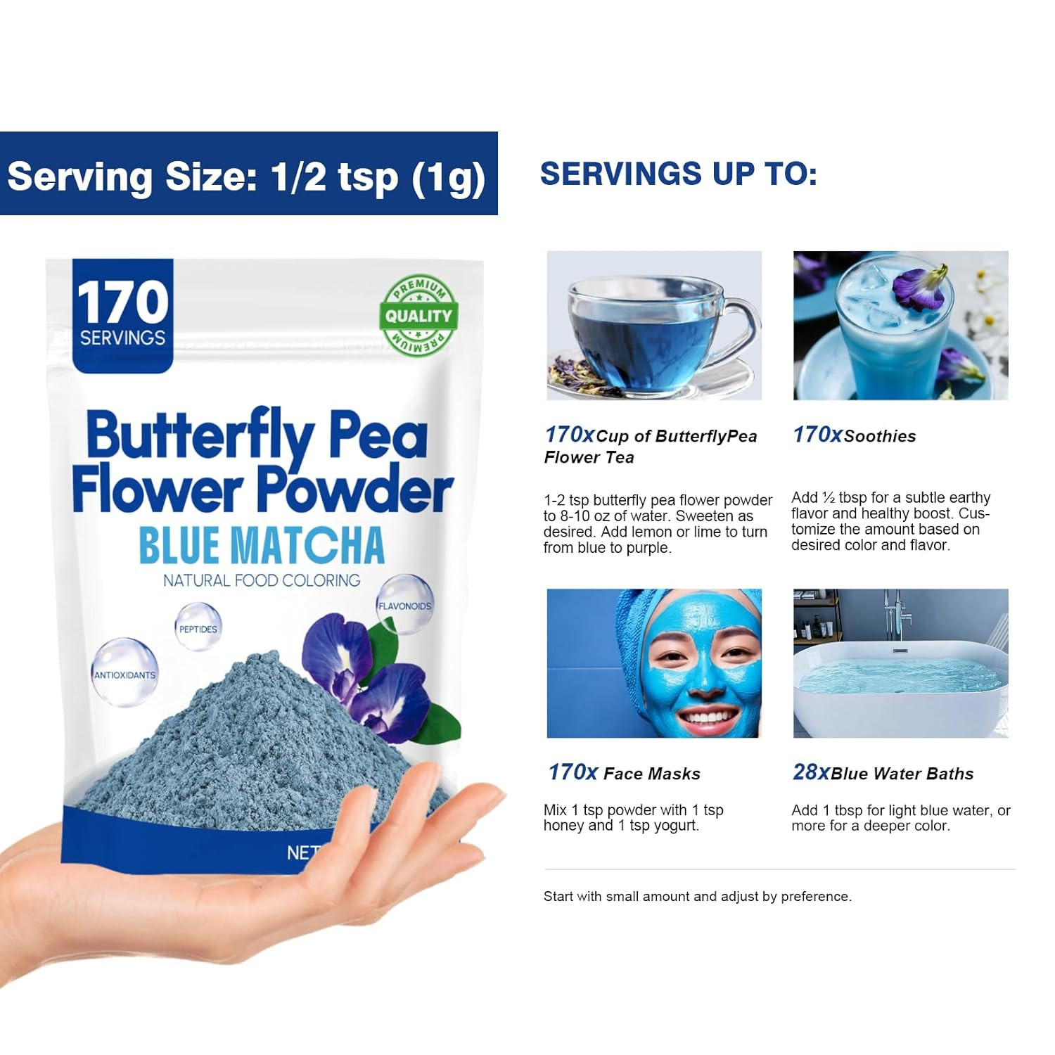 6Oz Butterfly Pea Flower Powder – 170 Servings Blue Matcha Instant Butterfly Pea