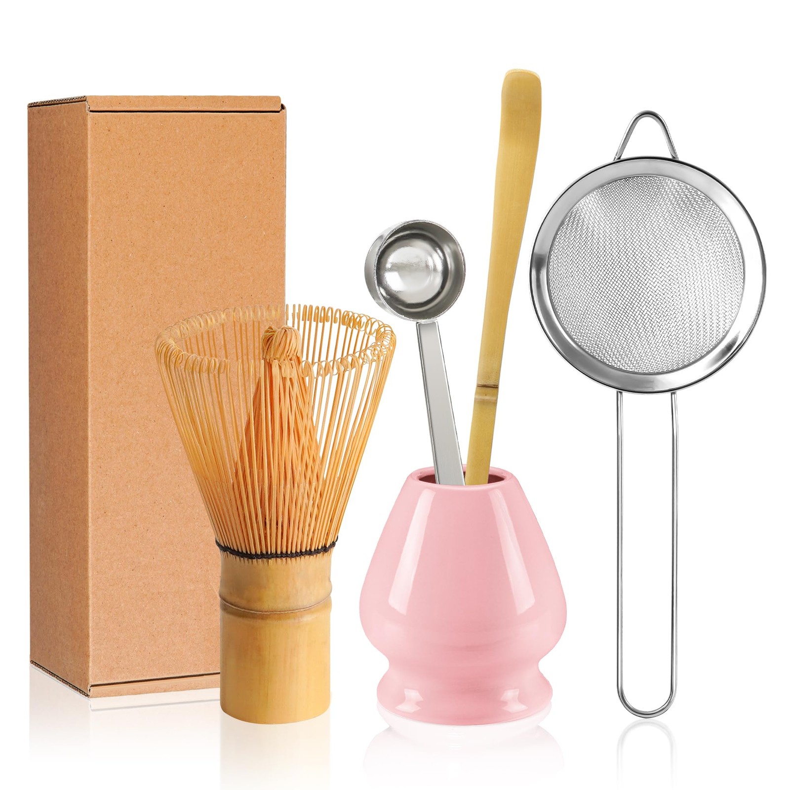 Matcha Whisk Set Bamboo Chasen Ceramic Holder – Fine Mesh Sifter Scoop Kit