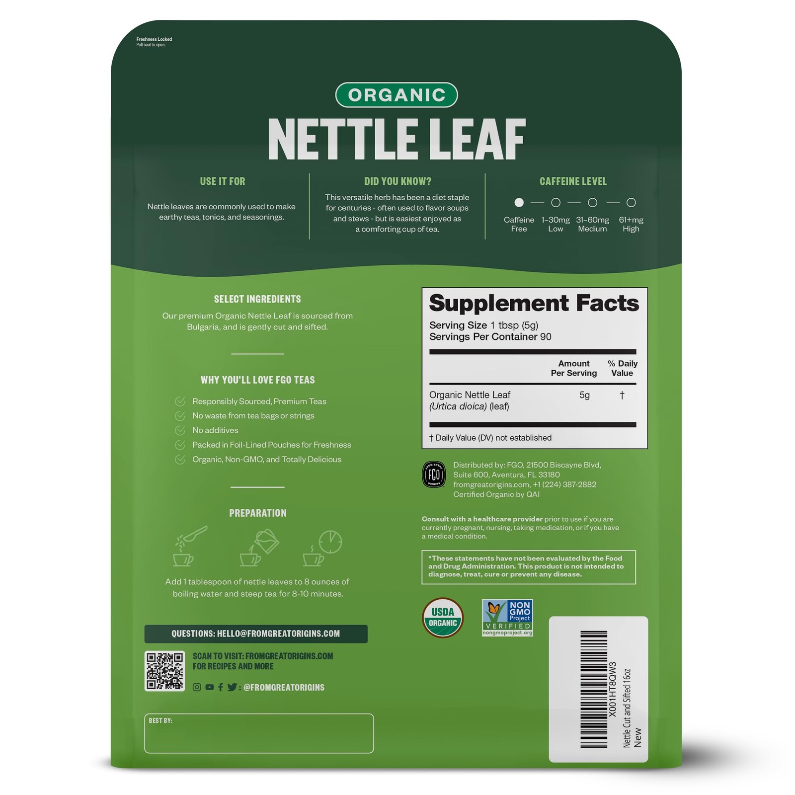 Te Organico A Granel De Hoja De Ortiga, Kraft Resellable Bolsa, 16Oz