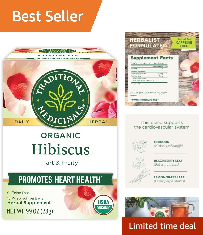 Caffeine-Free Organic Hibiscus Tea Bags – 16 Count for Cardiovascular Support
