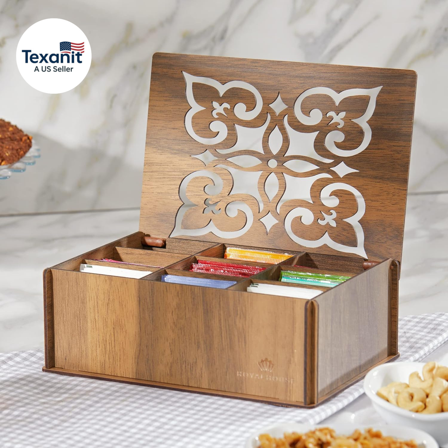 Tea Bag Sampler Variety with Walnut Wooden Organizer (60 Count) 40 Different Fla
