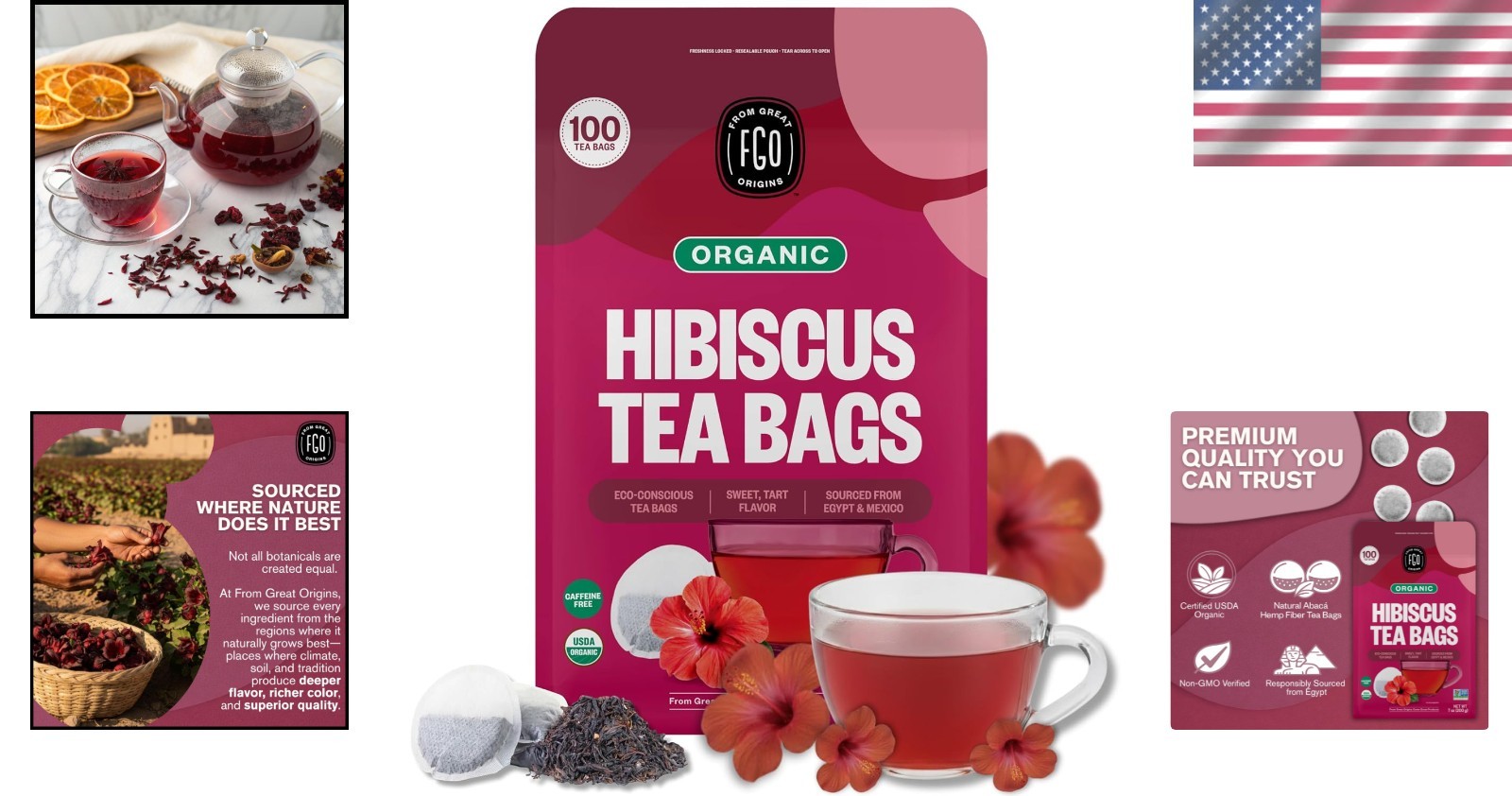Organic Hibiscus Tea – 100 Eco-Conscious Tea Bags, Caffeine-Free Delight
