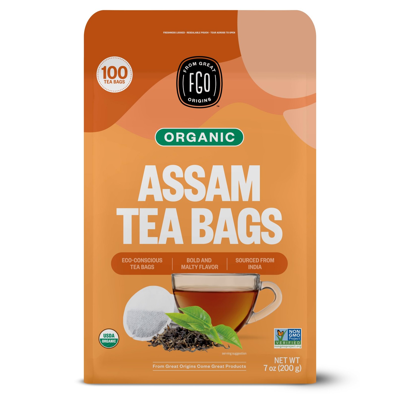 Organic Assam Tea, 100 Count, Eco-Conscious Black Tea Bags, Resealable Bag, P…