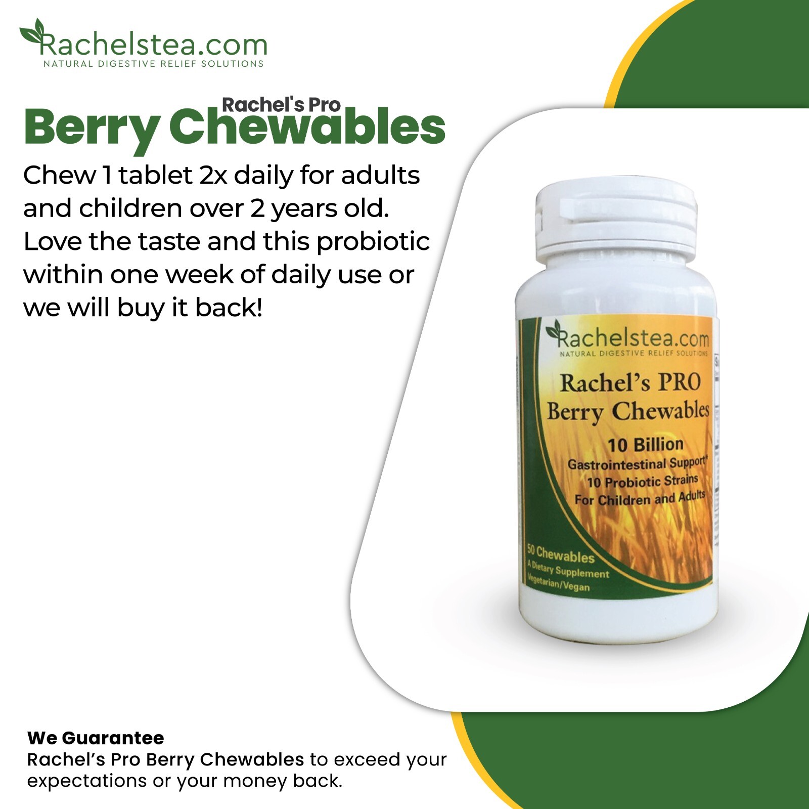 (30 Bags/60 Cups) Rachel’s Digestive Tea + Berry Chewable 10 Billion strains