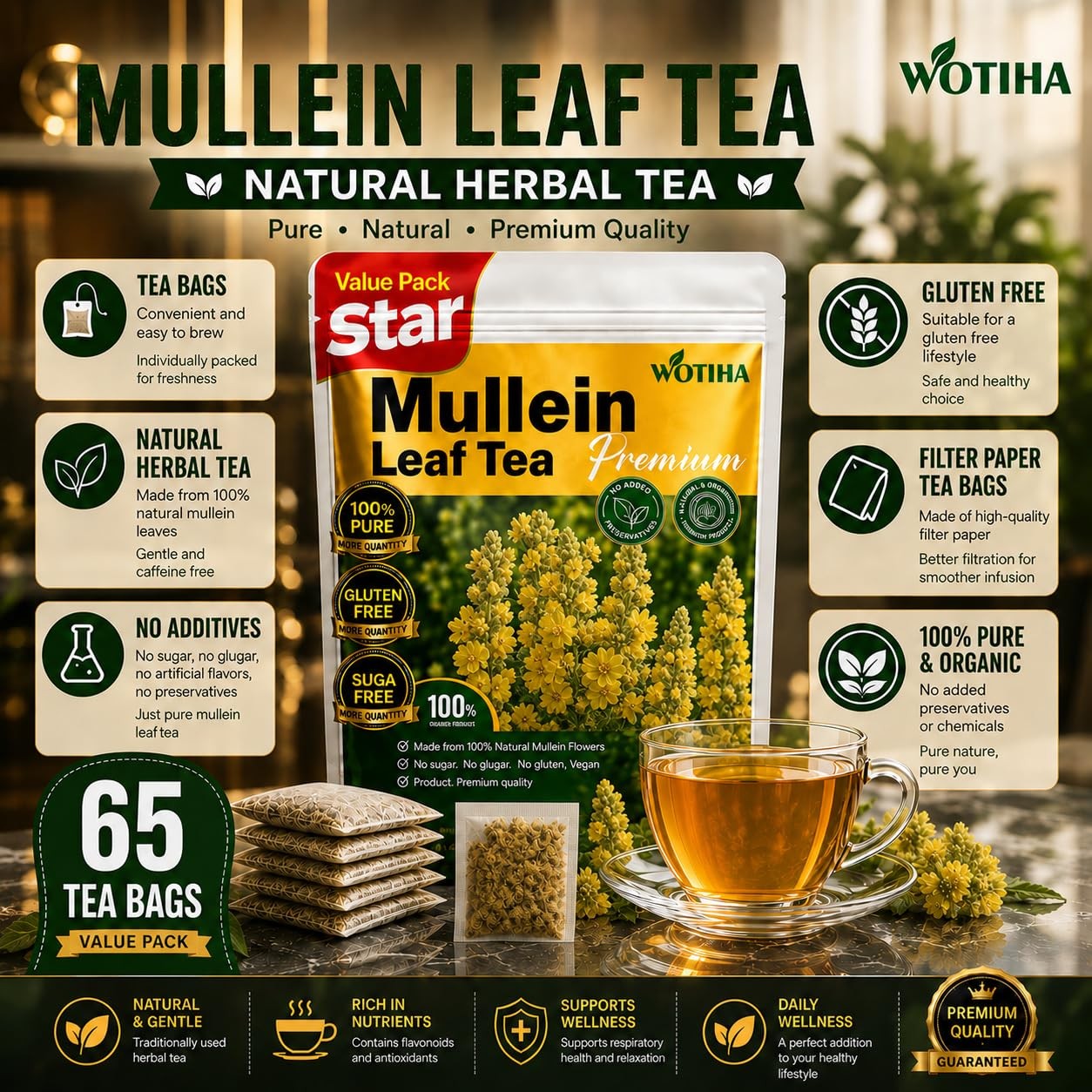 65 Count Value Pack Premium Mullein Leaf Tea Bags 100% Pure Natural Herbal t…