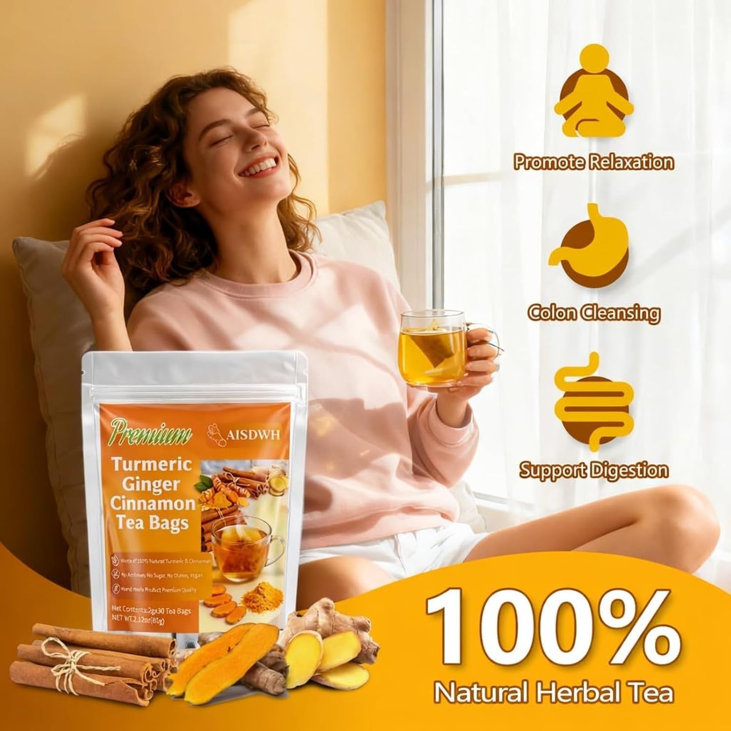 30 Premium Turmeric Ginger Cinnamon Tea Bags, 100% Natural Ingredients Herbal Te