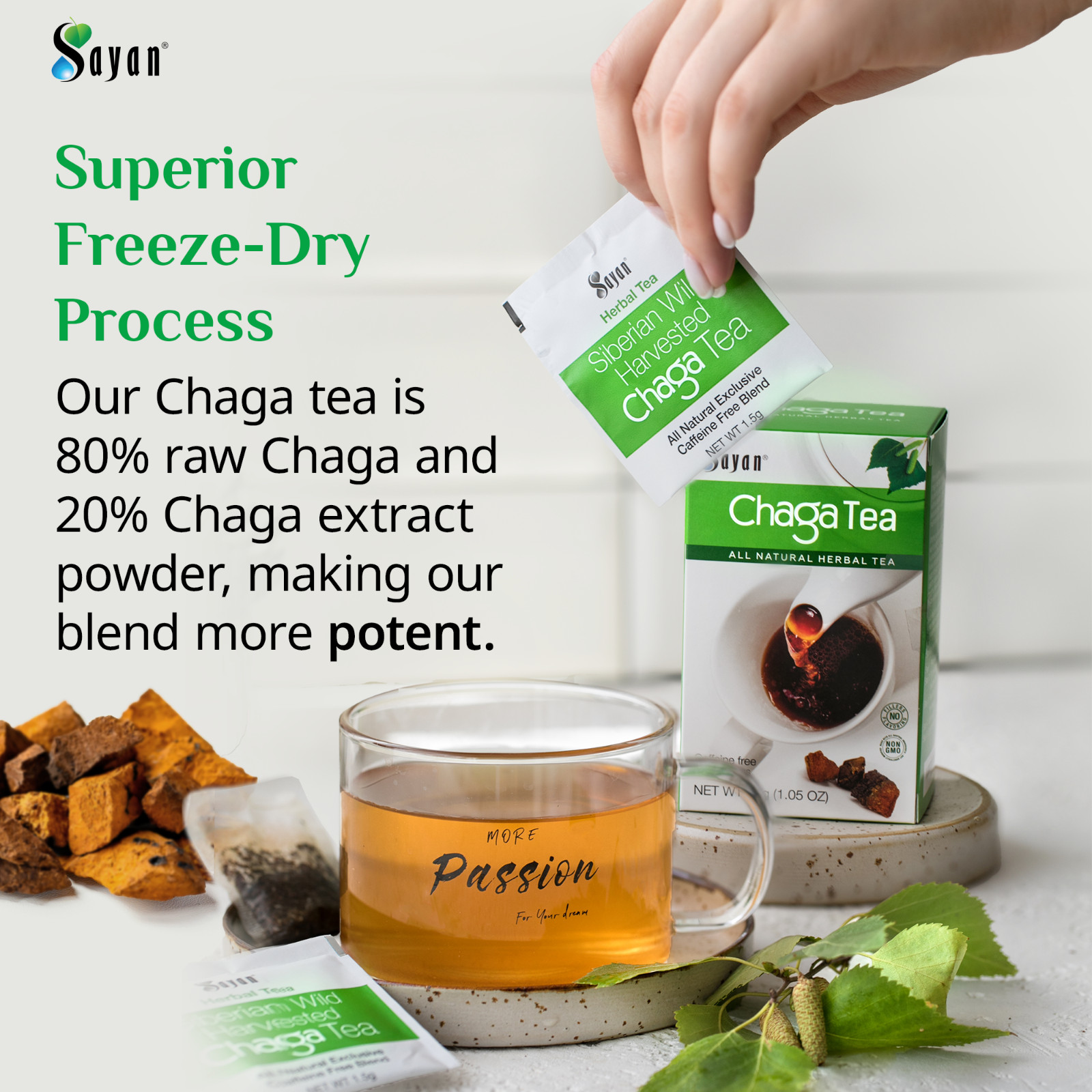 Sayan Chaga Mushroom Tea 20 Bags Caffeine Free Siberian Wild Harvested