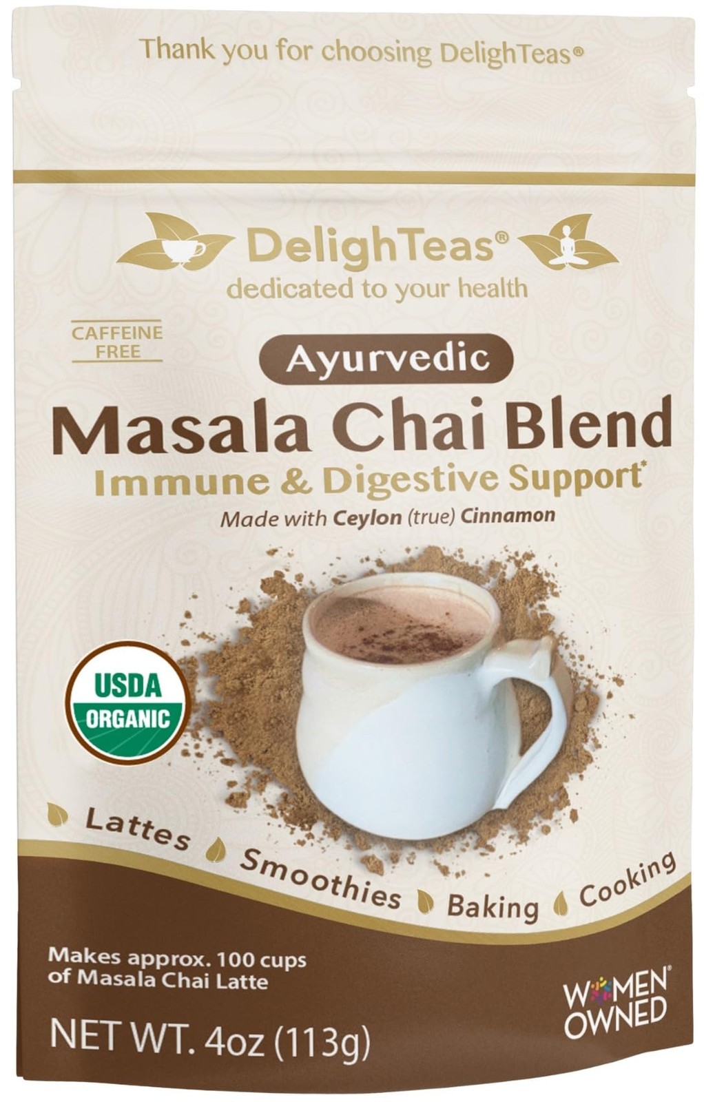 DelighTeas Organic Masala Chai Powder, Caffeine-Free, 100 Servings, 4oz