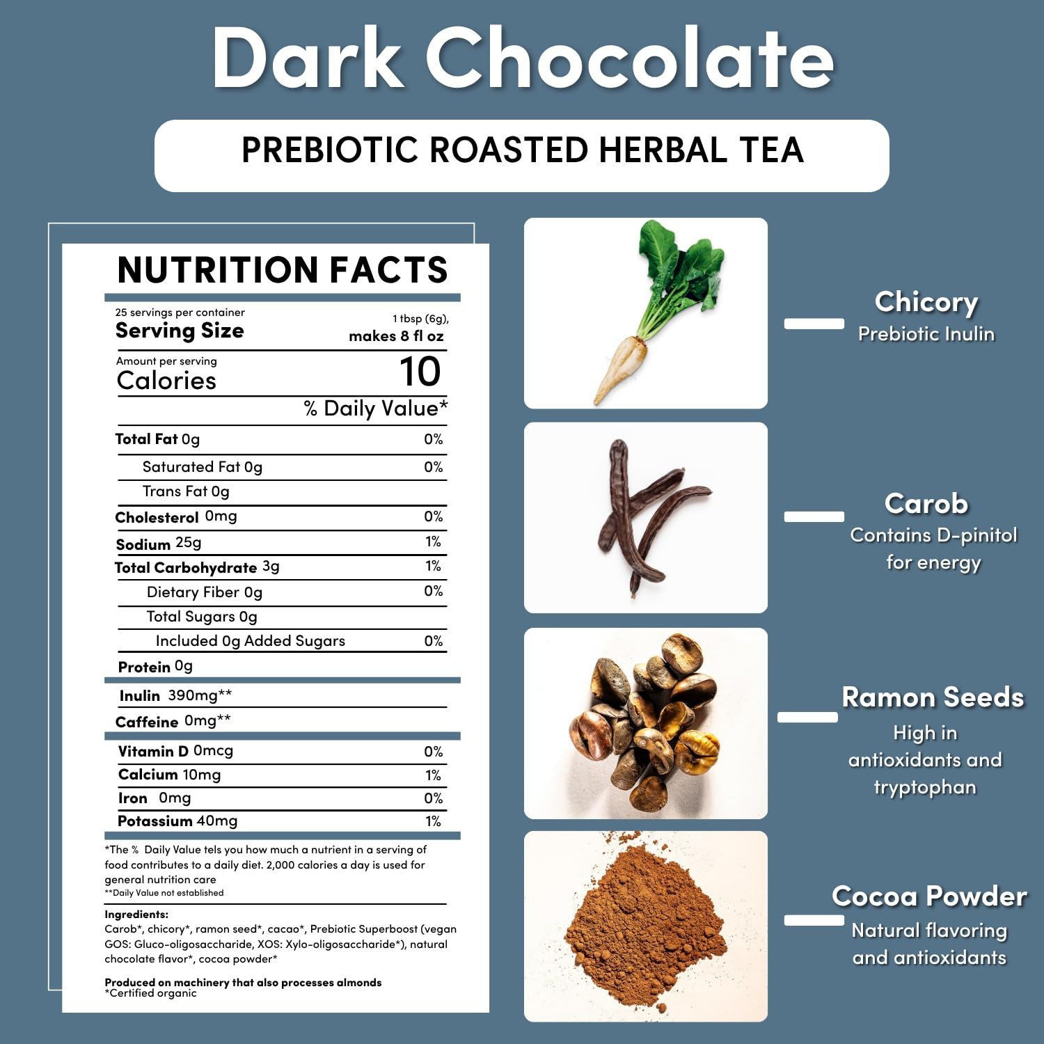 Teeccino Dark Chocolate Prebiotic Herbal Tea 25 Bags Gut Health Support