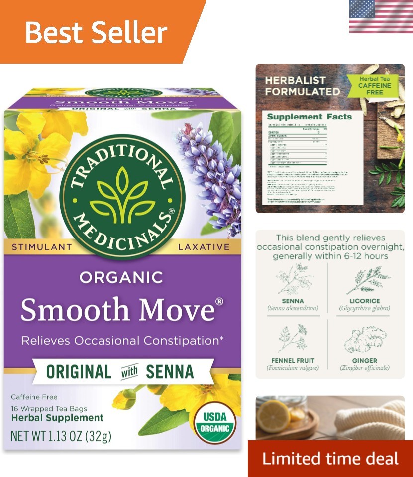 Caffeine-Free Organic Smooth Move Herbal Tea – 16 Bags for Gentle Comfort