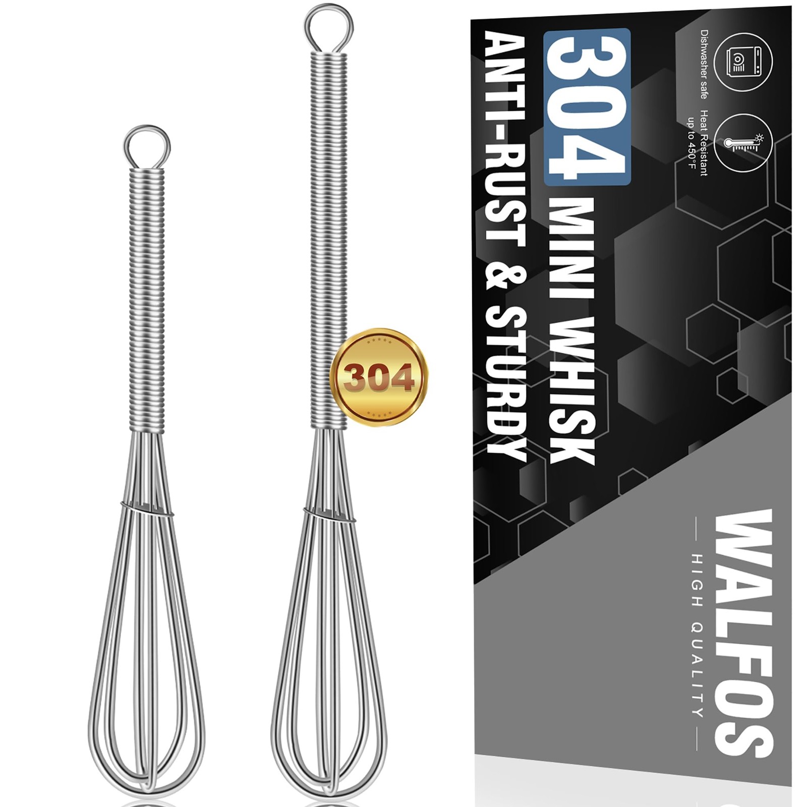 Walfos Mini Whisks Stainless Steel, Small Whisk 2 5+7 in Silver, Silver-Mini