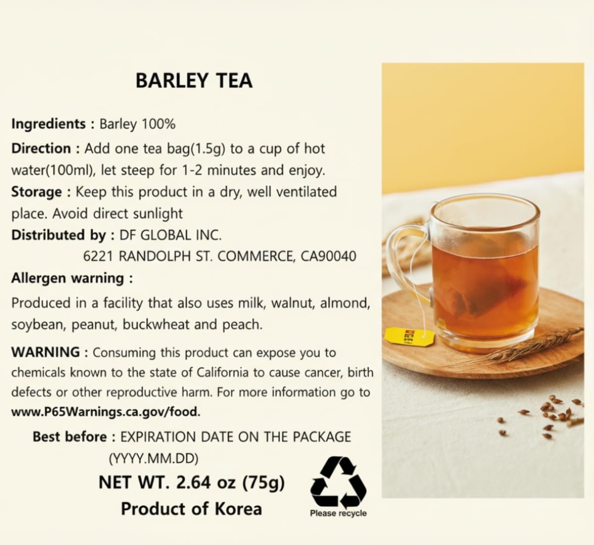 Damtuh Boricha Korean Barley Tea, Nutty, Caffeine-Free, 50 Bags
