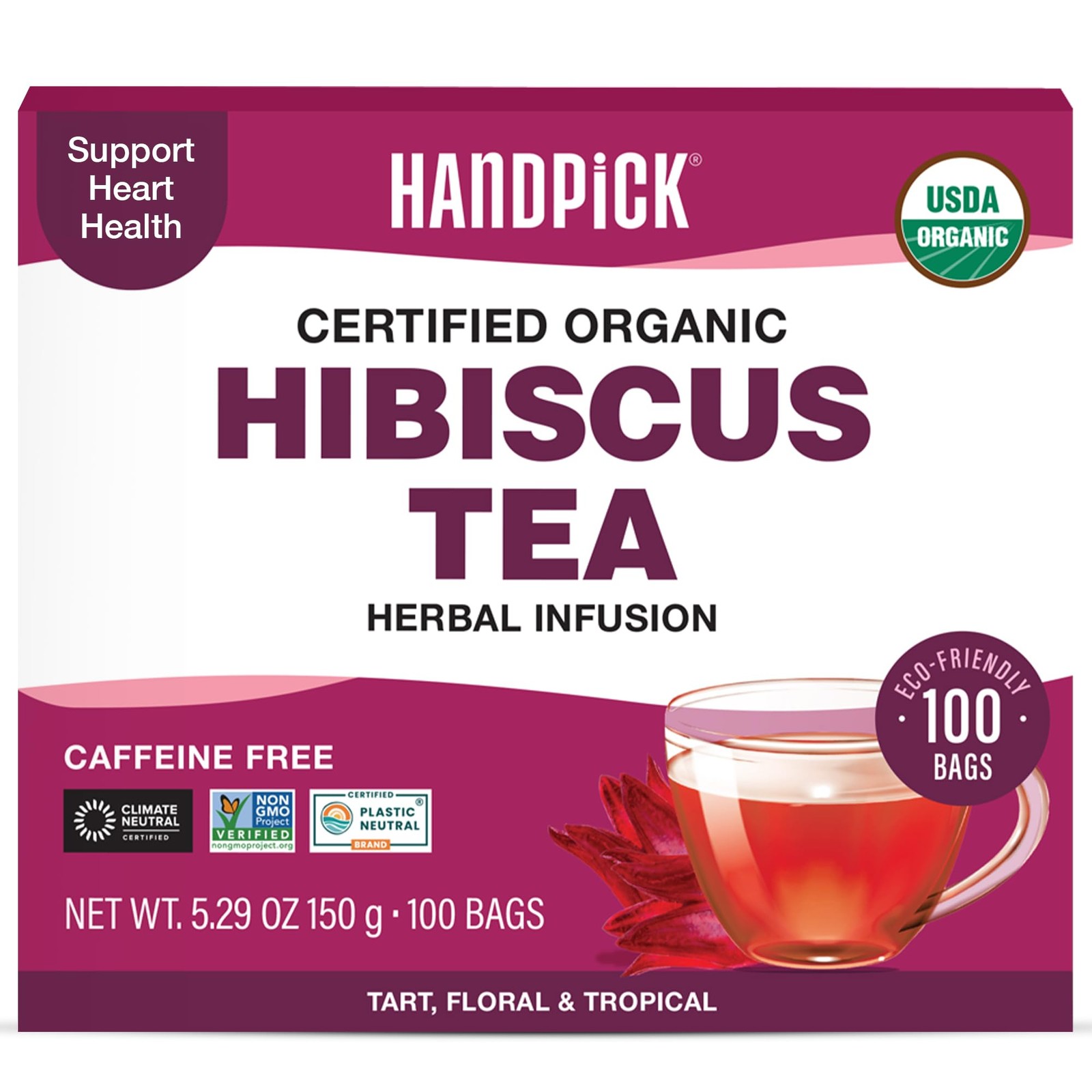HANDPICK, Organic Hibiscus Tea Bags (100 Bags) | 100 Count (Pack of 1)