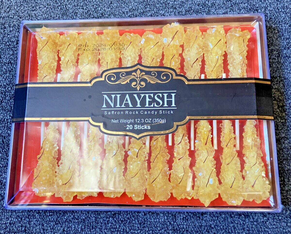 Saffron Rock Candy 20 Sticks (Nabat) Niayesh Brand 350 Grams Net Weight For Tea