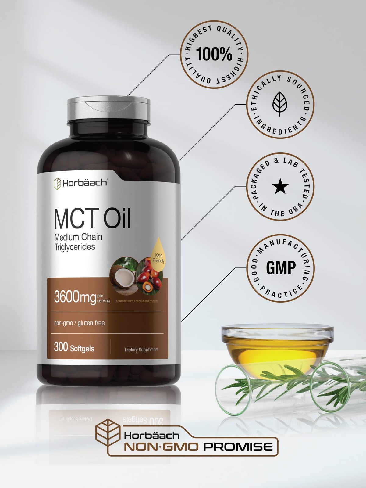 Horbäach MCT Oil Pills | 3600mg | 300 Softgel Capsules 300 Count (Pack of 1)