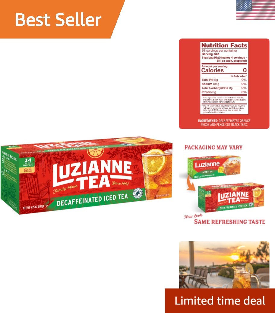 Low Caffeine Iced Tea Bags – 24ct Decaffeinated Family Size for Easy Brewing