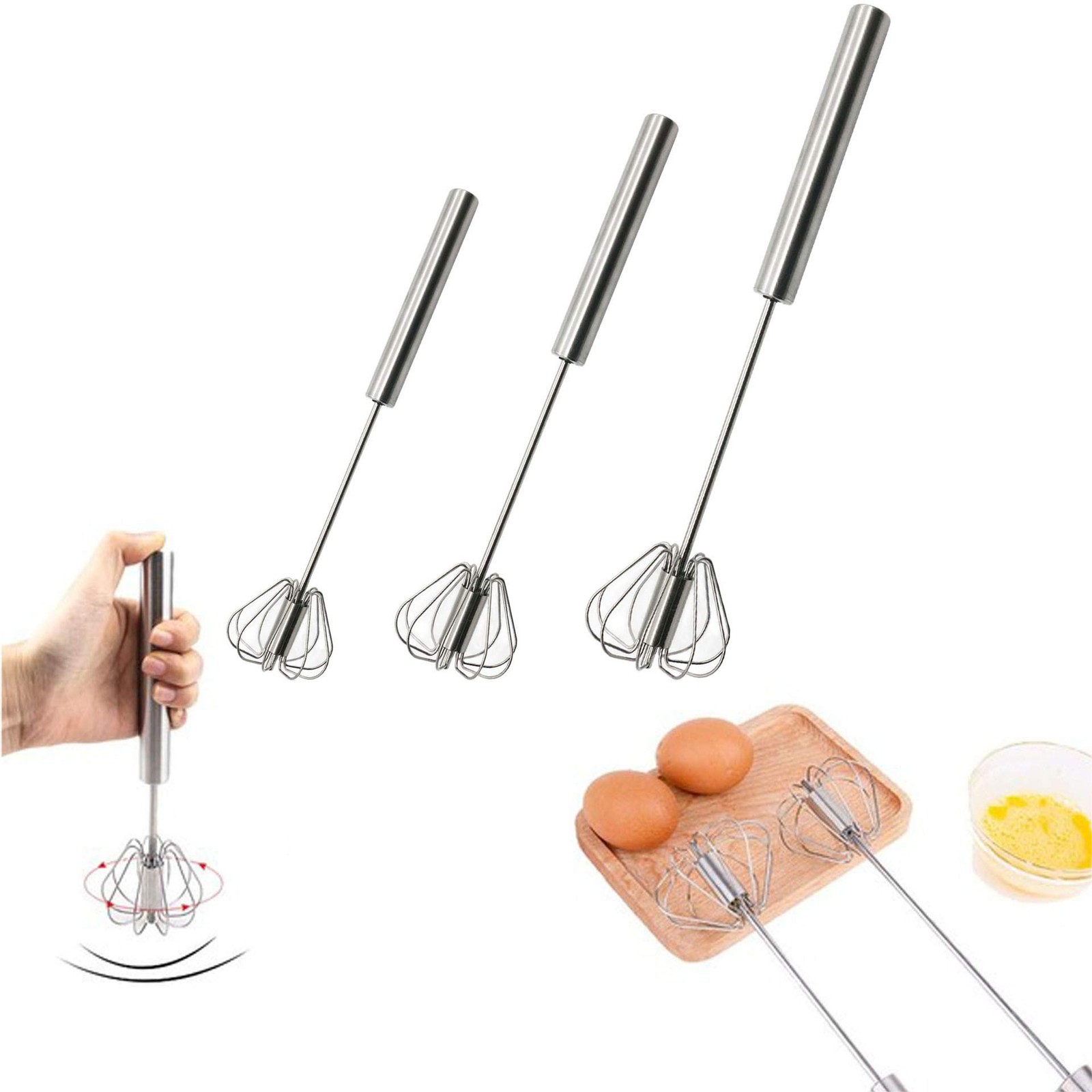 Stainless Steel Semi-automatic Egg Whisk – 3PCS Hand Push Rotary Silver