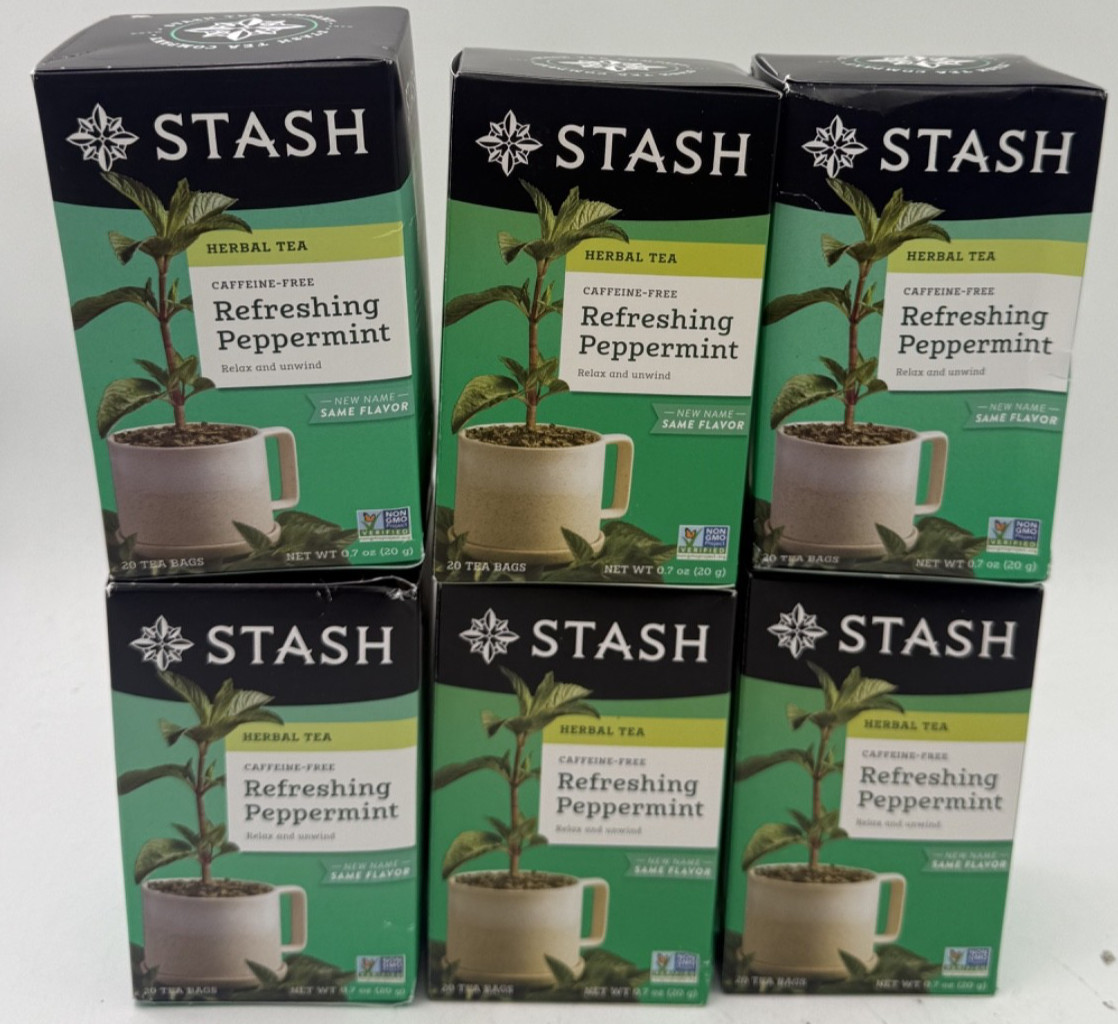 6 Boxes of 20 Stash Peppermint Herbal Tea Bags, Caffeine Free, EXP: 02/13/2027