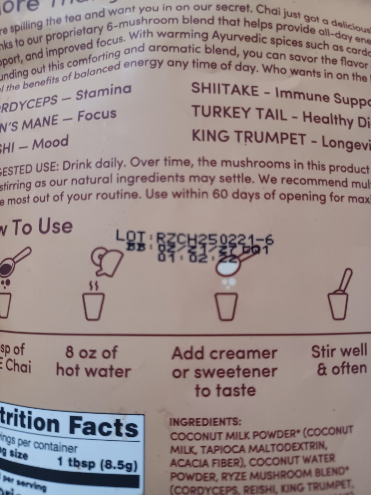 RŸZE Mushroom Chai With 6 Adaptogenic Mushrooms Beverage Powder Exp. 02/2027