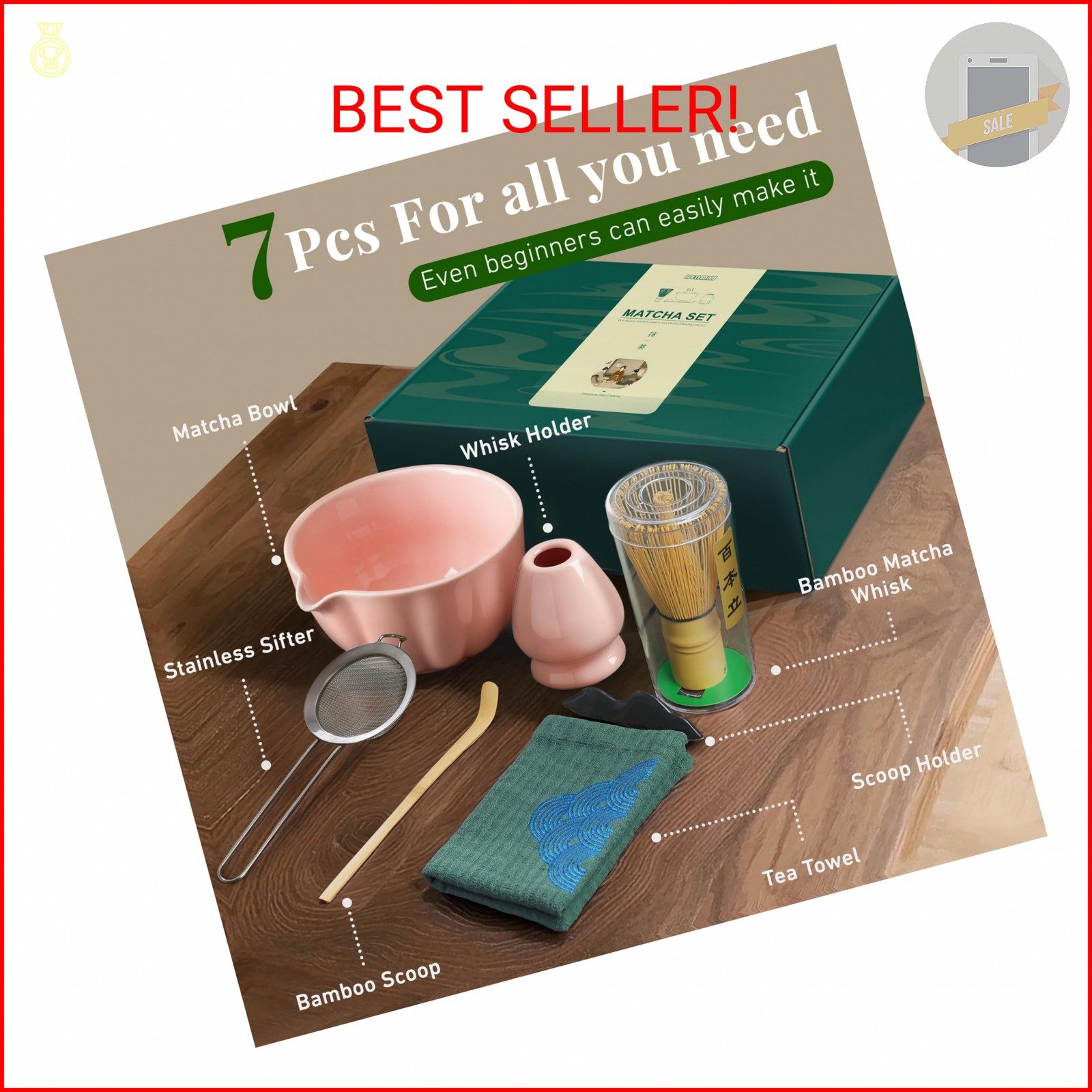 Renmxj Matcha Whisk Set,7 PCS Ceramic Matcha Kit Includes Matcha Bowl with Spout