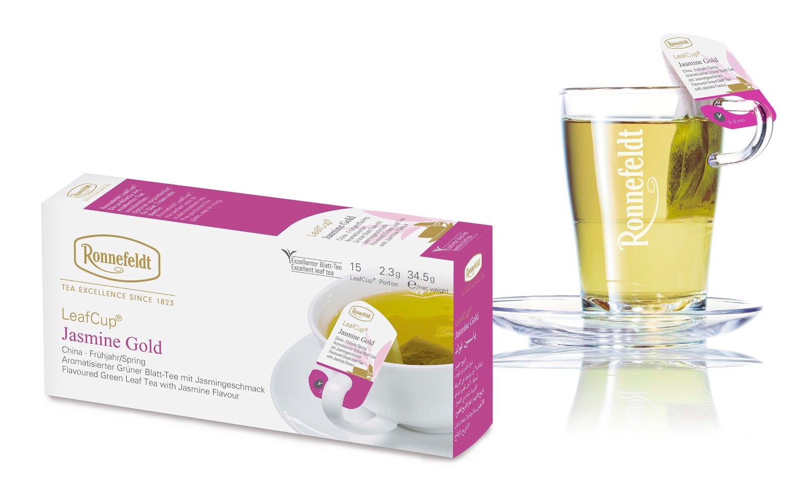 Ronnefeldt Leafcup® Jasmine Gold. 15 Green tea bags with Jasmine flavor.