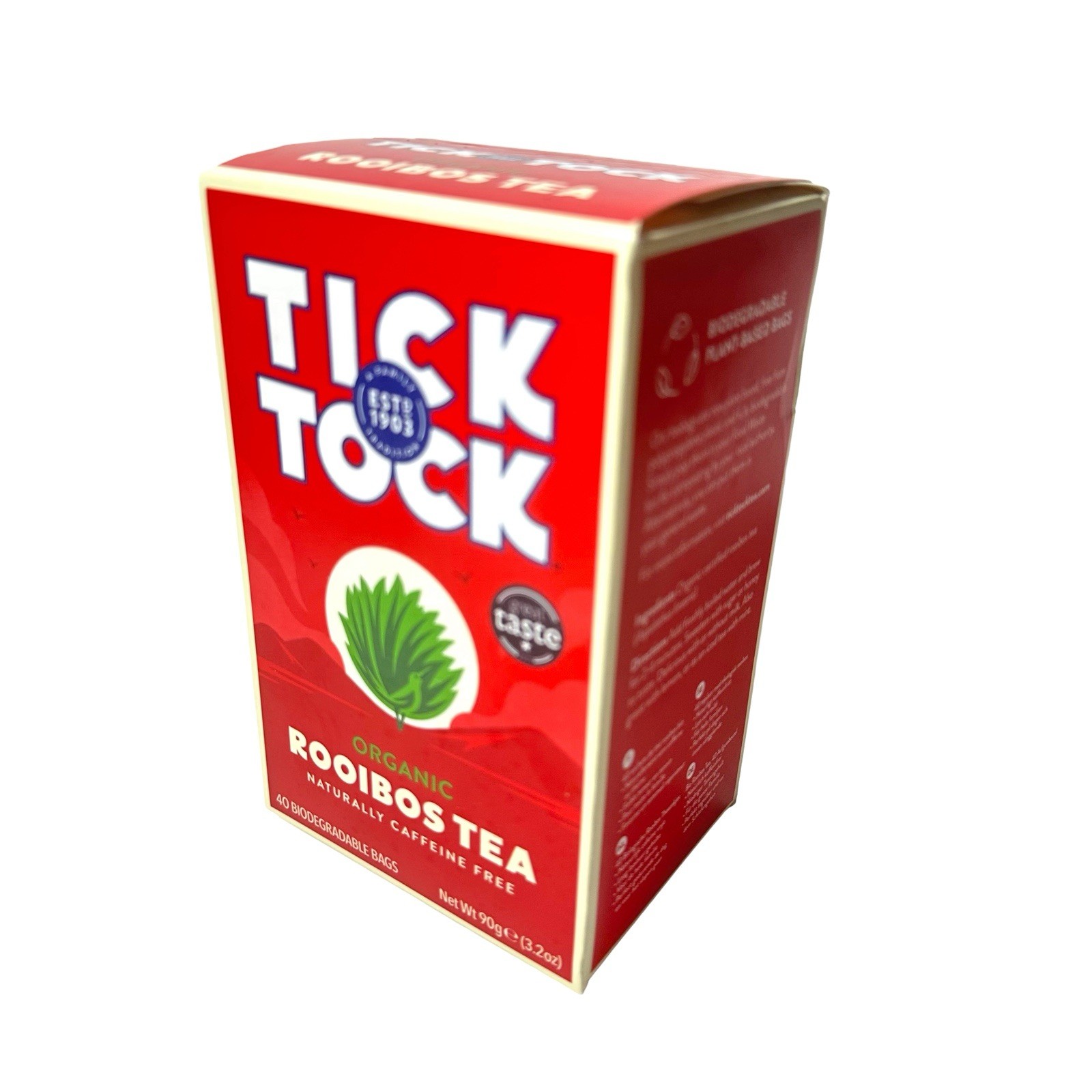 Tick Tock Rooibos Tea Organic Caffeine Free Box 40 Biodegradable Bags 90g 3.2oz