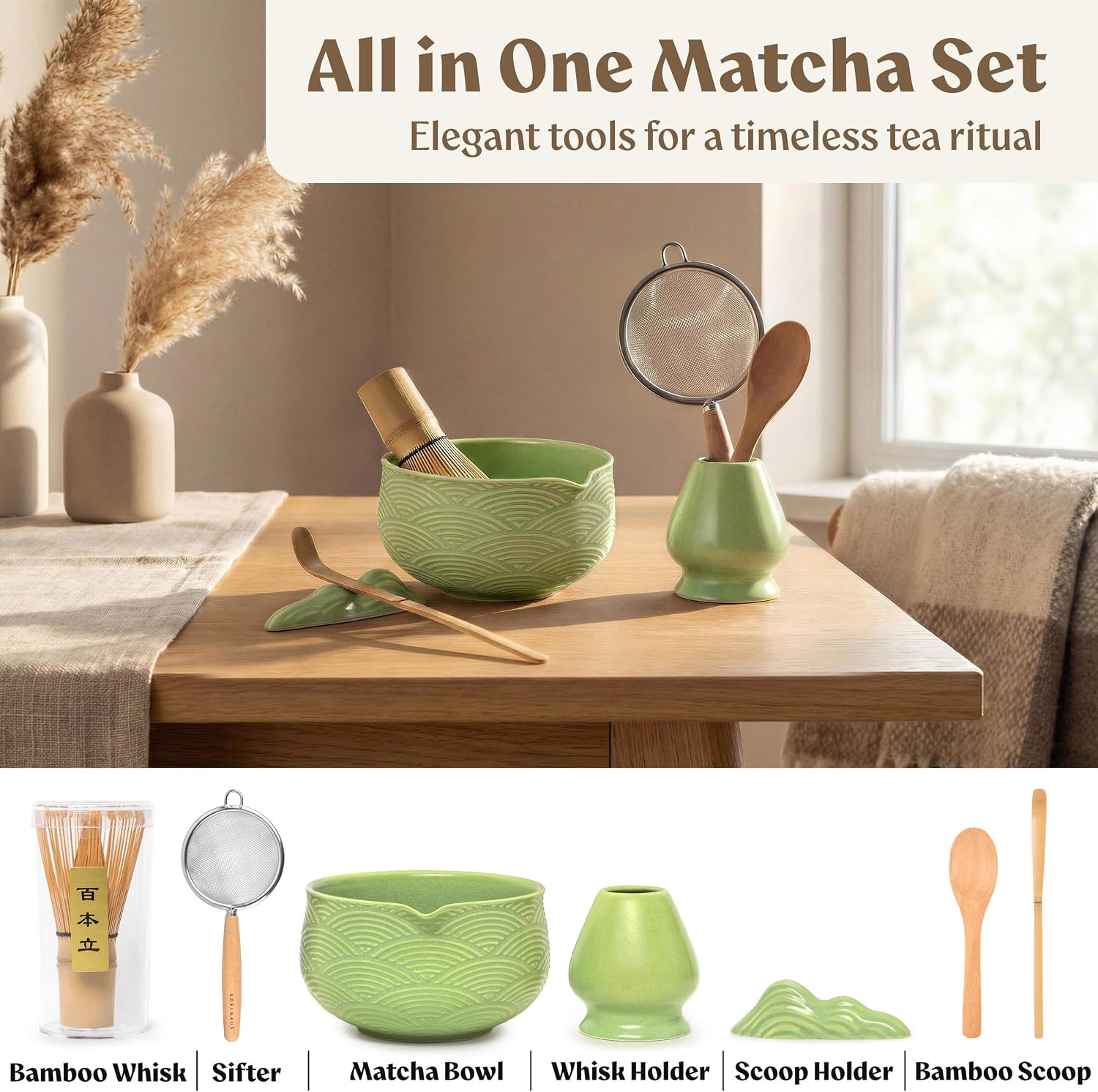 Matcha Kit Whisk Set (7 Pcs) – Complete Matcha Set, Matcha Bowl with Spout, Whis