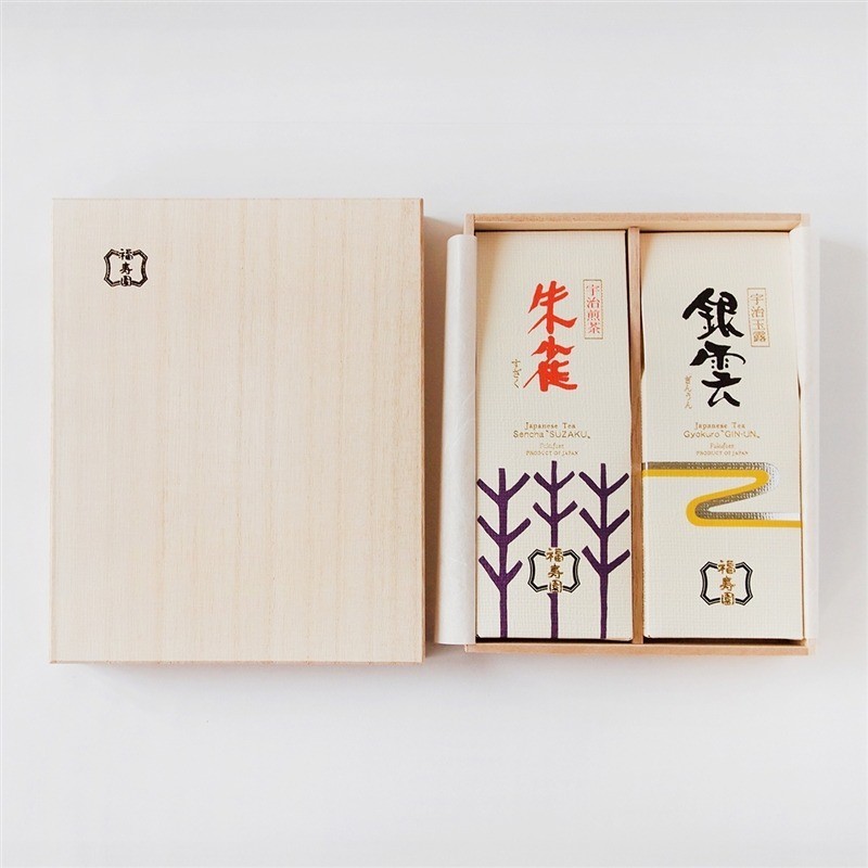 Kyoto Fukujuen W-480 Premium Uji Tea Set – Gyokuro & Sencha 90g Wooden Box Gift