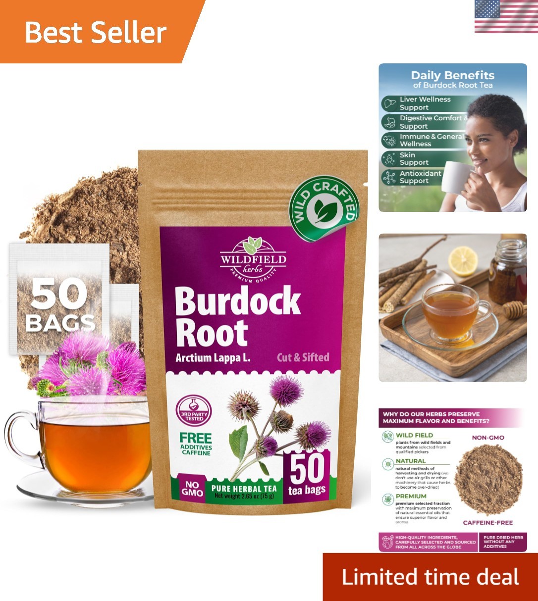 High-Quality Burdock Root Herbal Tea – 50 Bags of Decaffeinated Wellness