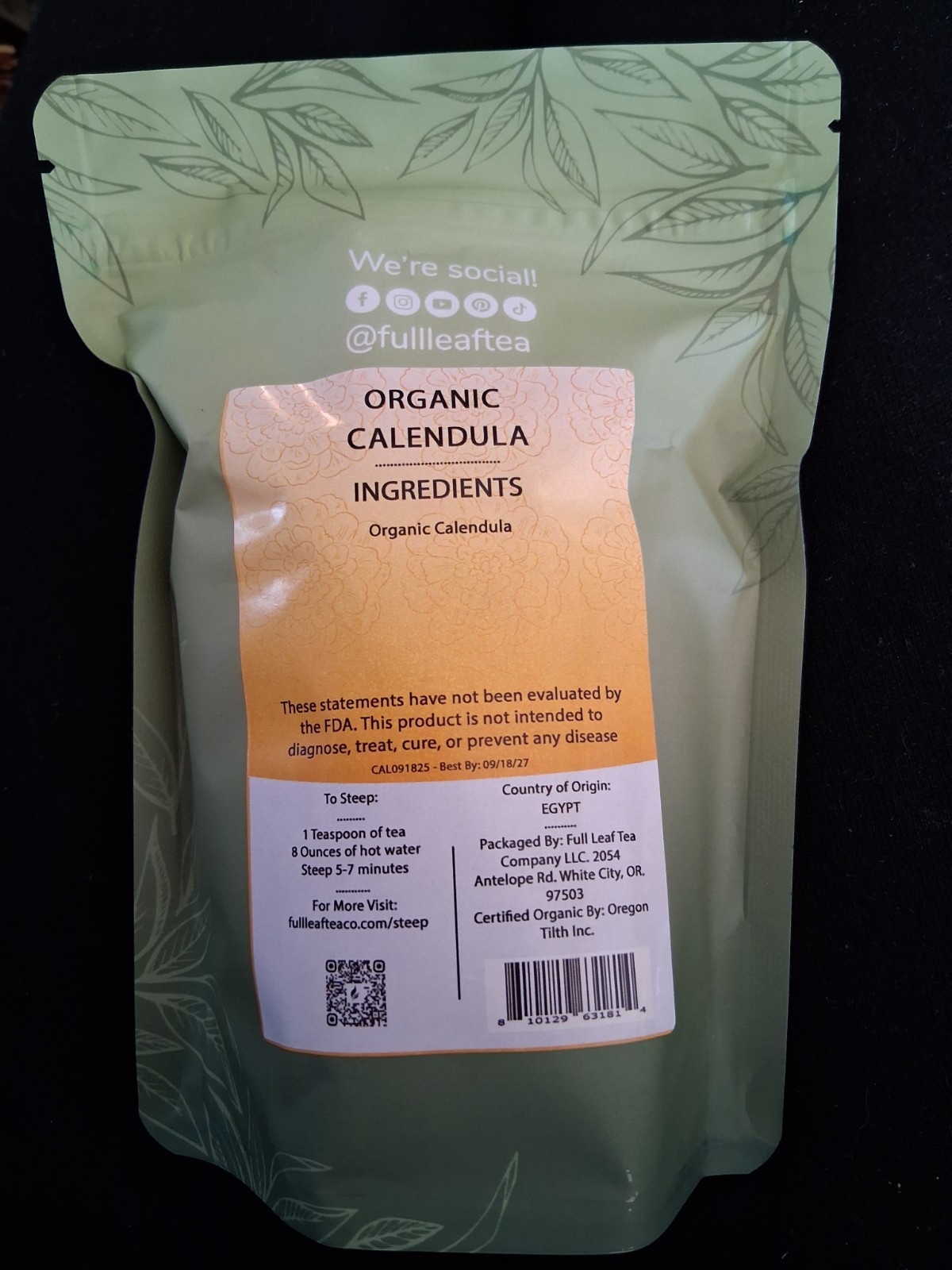 Full Leaf Tea Organic Calendula loose leaf tea 2 Oz Bag For Digestion/cramps