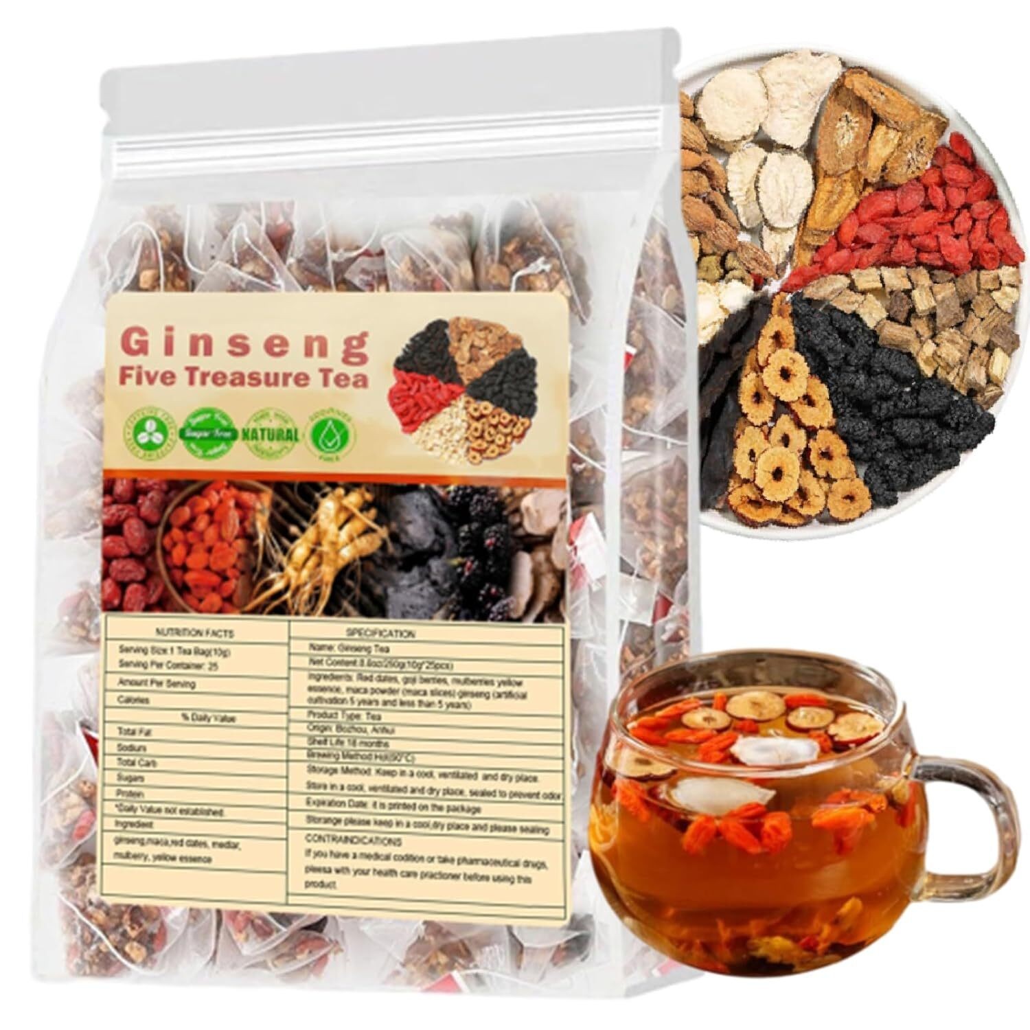 Ginseng Five Treasure Tea Kidney Support Red Date Herbal Blend