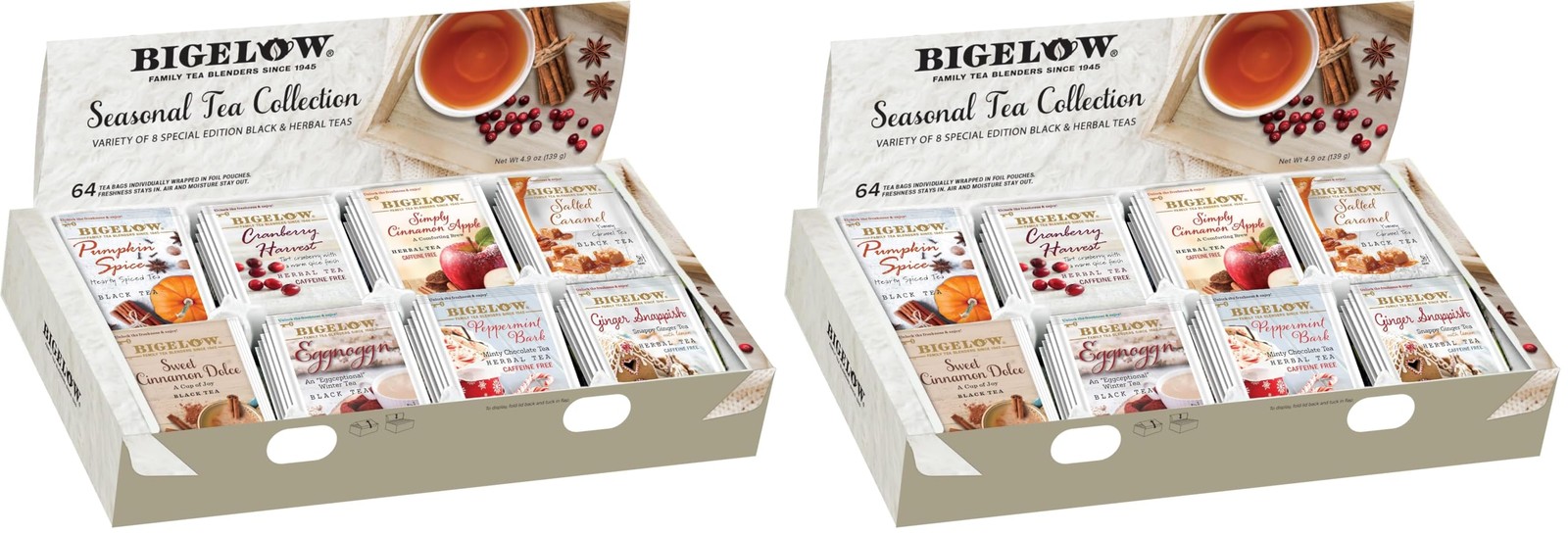 Bigelow Tea Seasonal Collection Variety Gift Box Sampler 64 Tea Bags (Pack of 2)