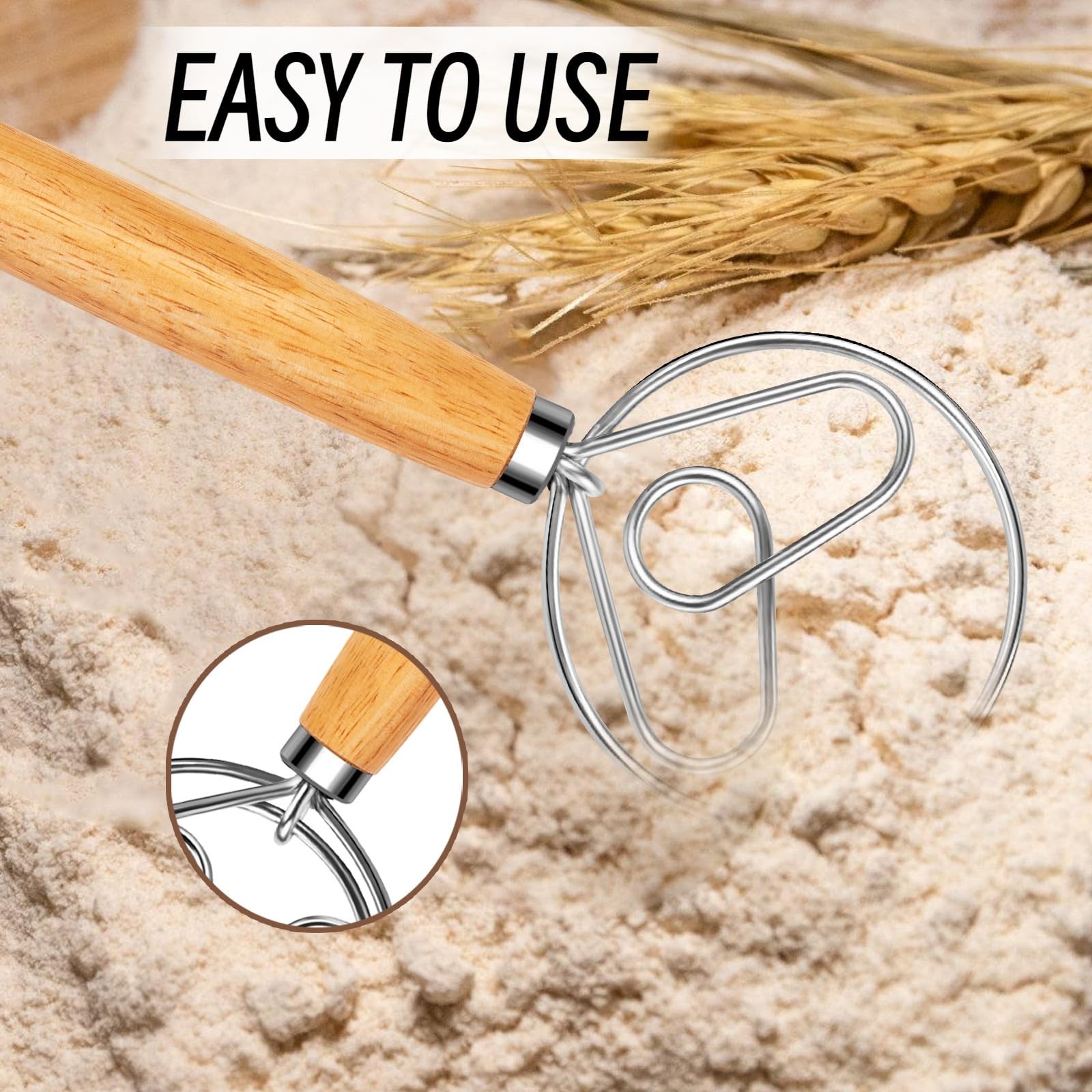 YIGEDA Danish Dough Whisk Stainless Steel Hook Large, # 1 rubberwood