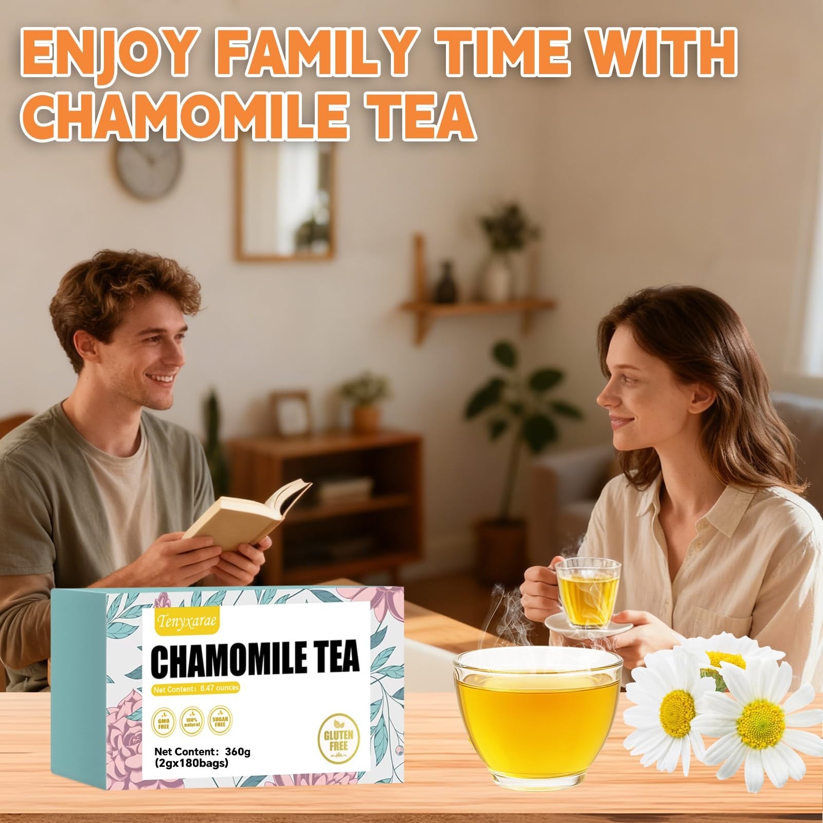 Natural Chamomile Tea Bags – 180 Count, Caffeine-Free, Digestive Aid, Vegan, Eco