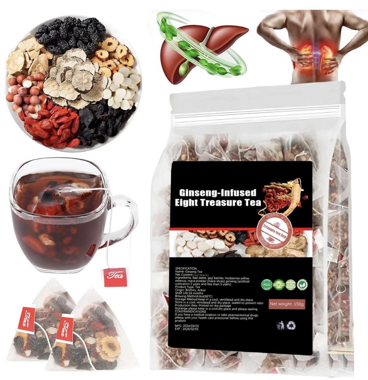Ginseng-infused Eight Treasure Tea Kidney Ginseng Wolfberry Mulberry Health