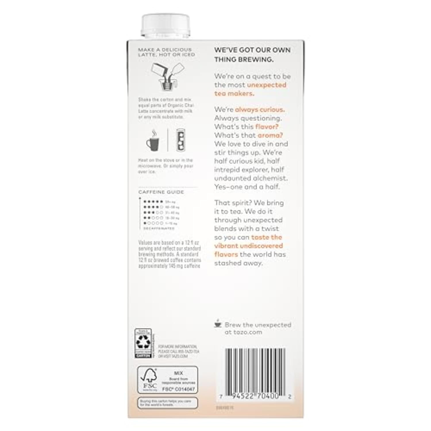 TAZO Organic Chai Latte Concentrate 32 Oz Carton 2-Pack USDA Organic Black Tea w