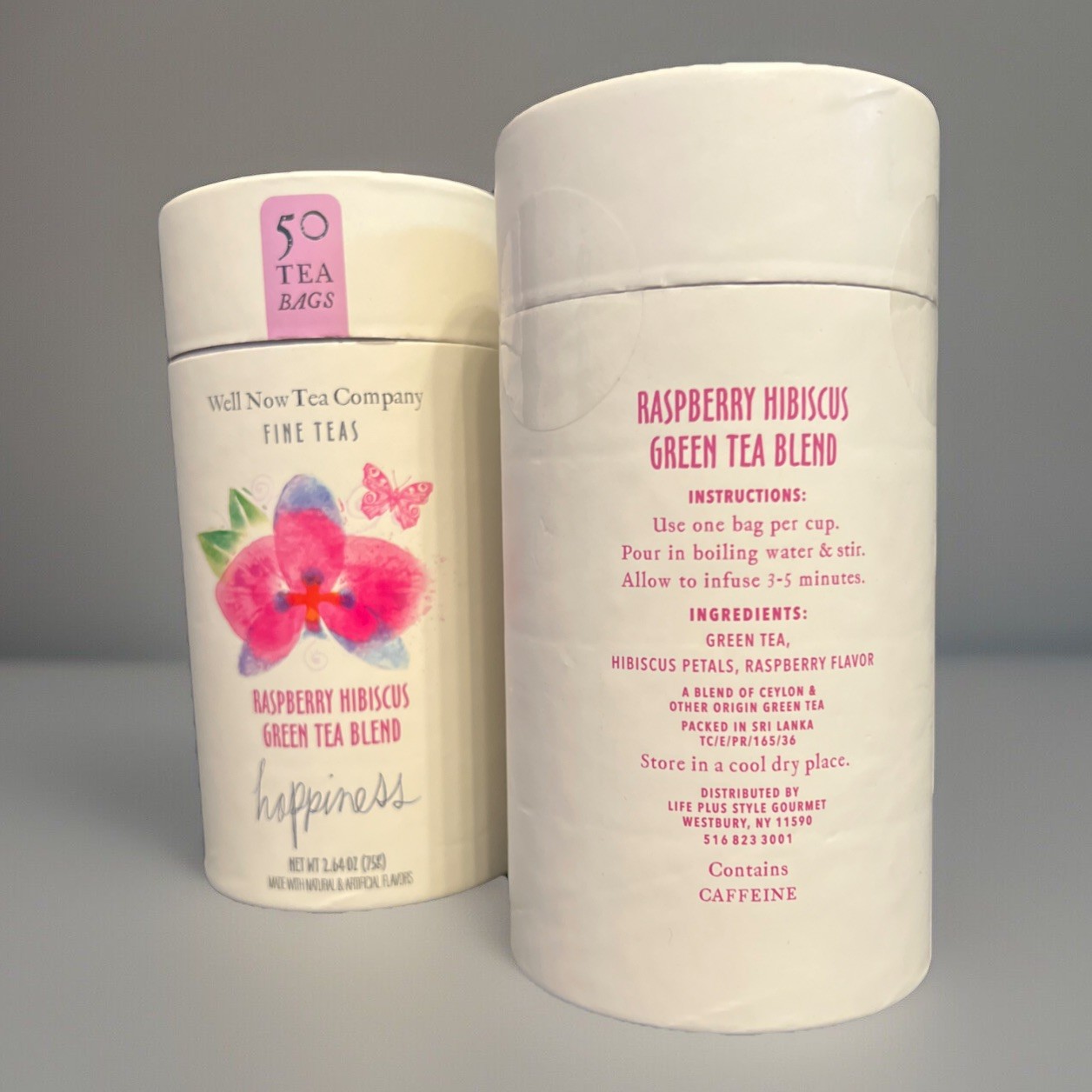 WELL NOW TEA Co 🫖 CAFFEINATED RASPBERRY HIBISCUS GREEN TEA -2 tubes-100 Bags