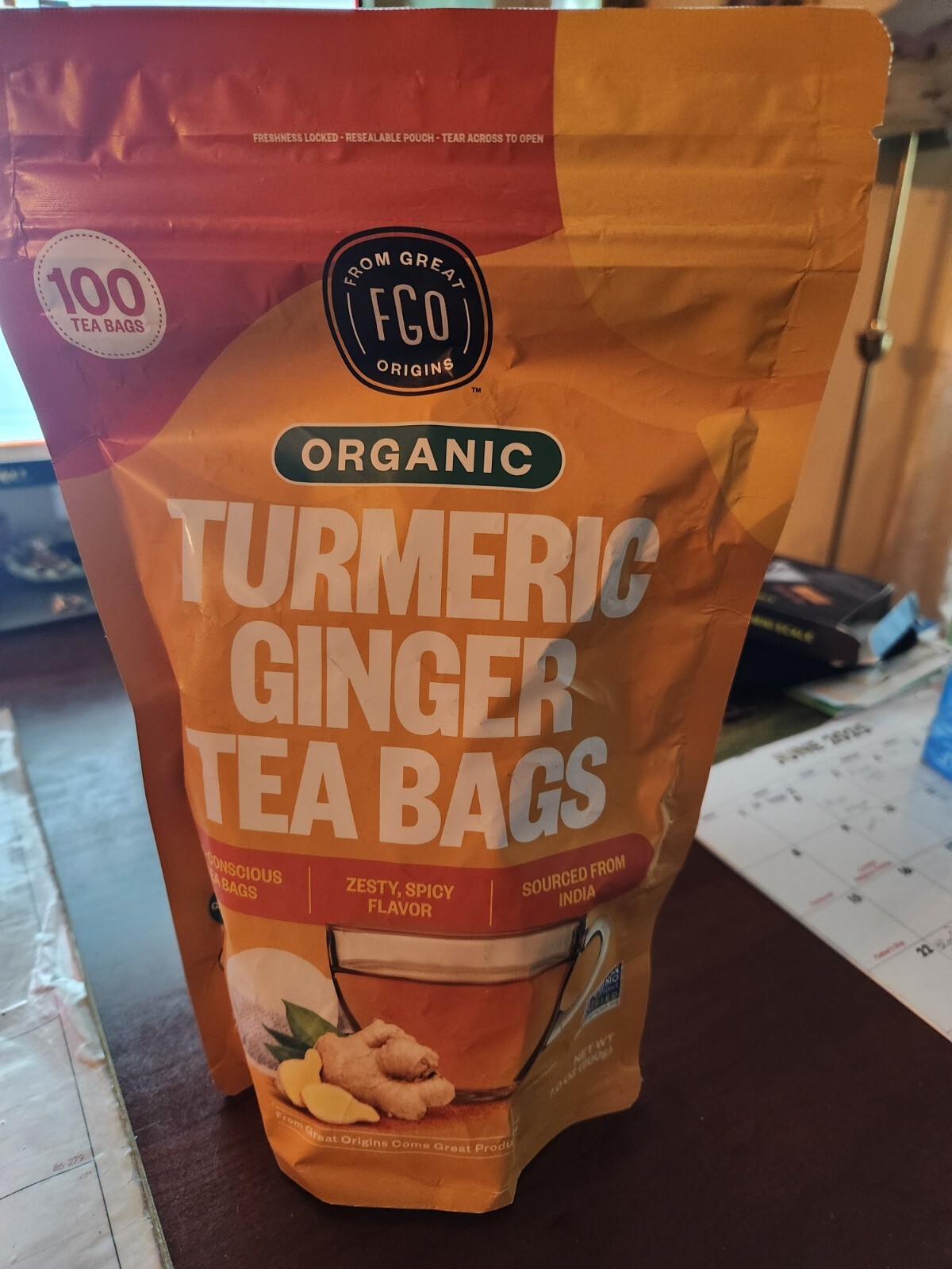 FGO Organic Turmeric Ginger Tea, Eco-Conscious Tea Bags, 100 Count,