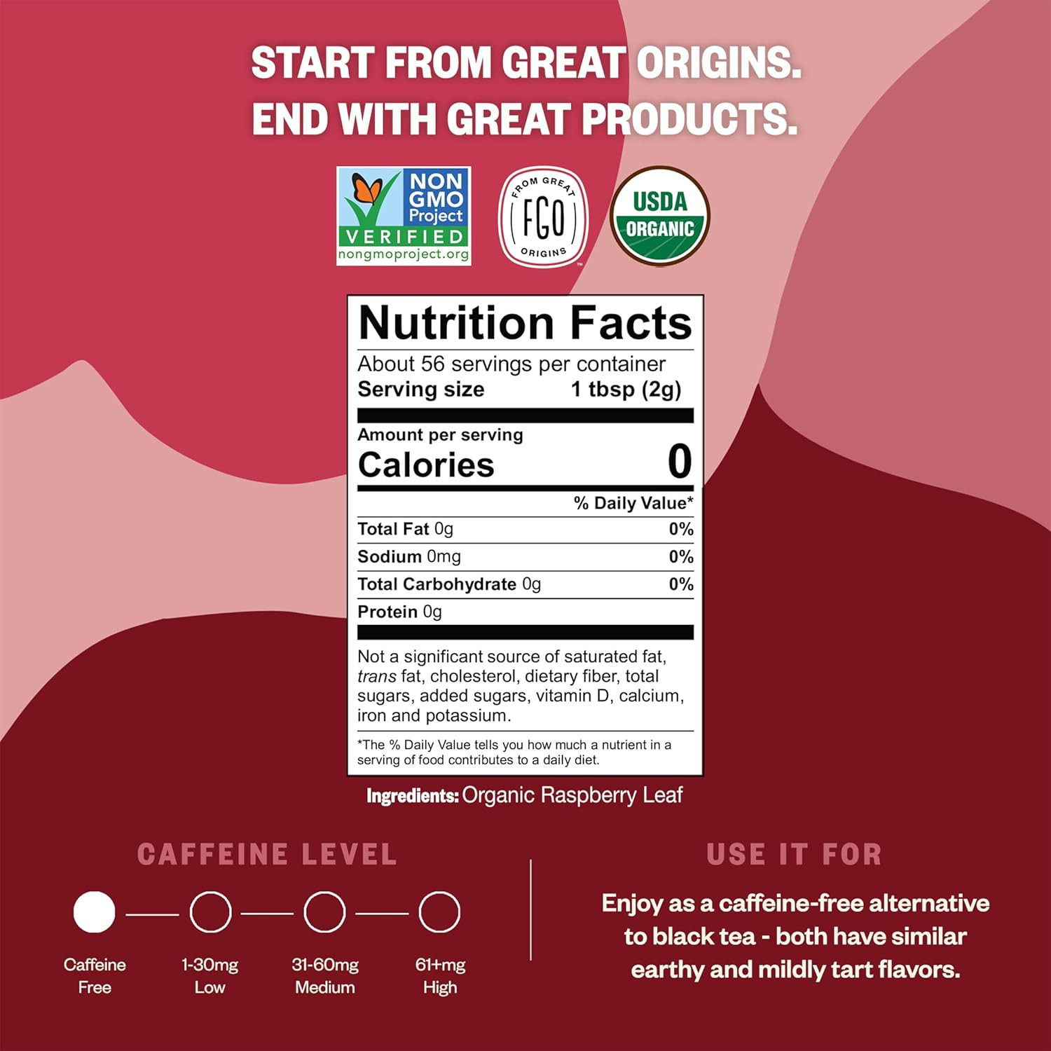 FGO Organic Red Raspberry Loose Leaf Herbal Tea, Cut and Sifted, Caffeine Free,