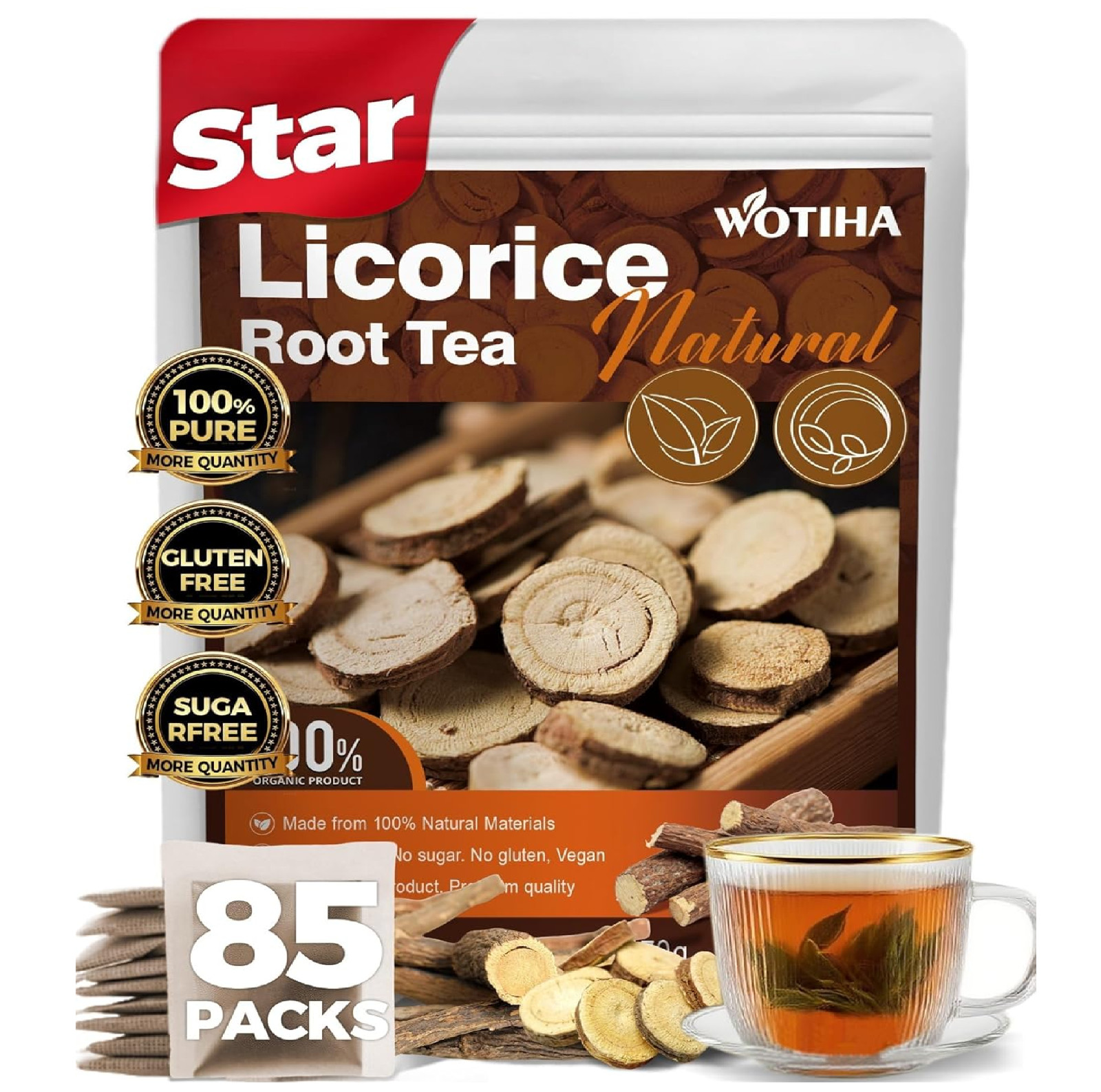 WOTIHA 85 Count Premium Licorice Root Tea Bags – 100% Natural, Promotes Respirat