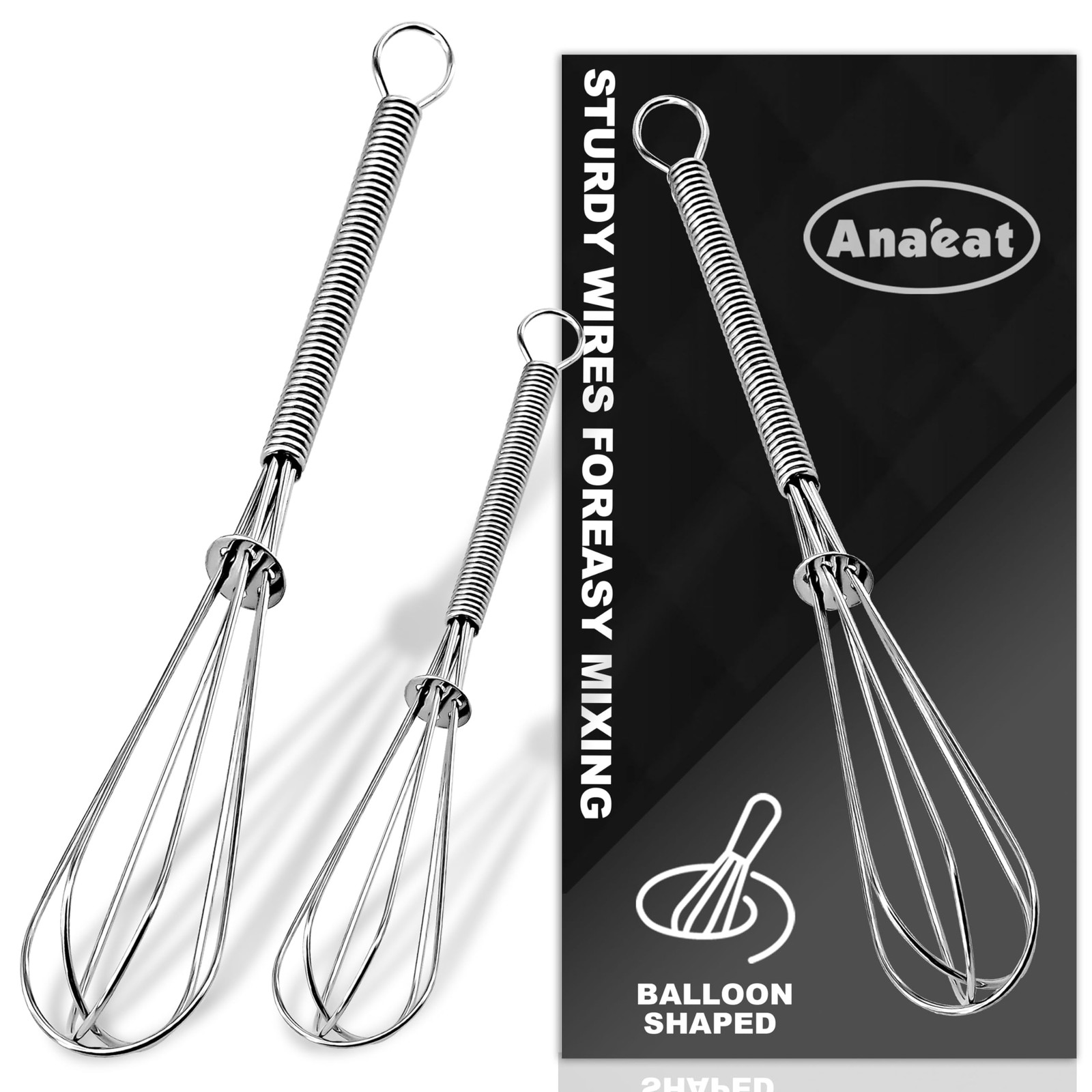 Anaeat Small Wire Whisk Set of 2, Portable 6+8 inch, 2 Pieces Silver
