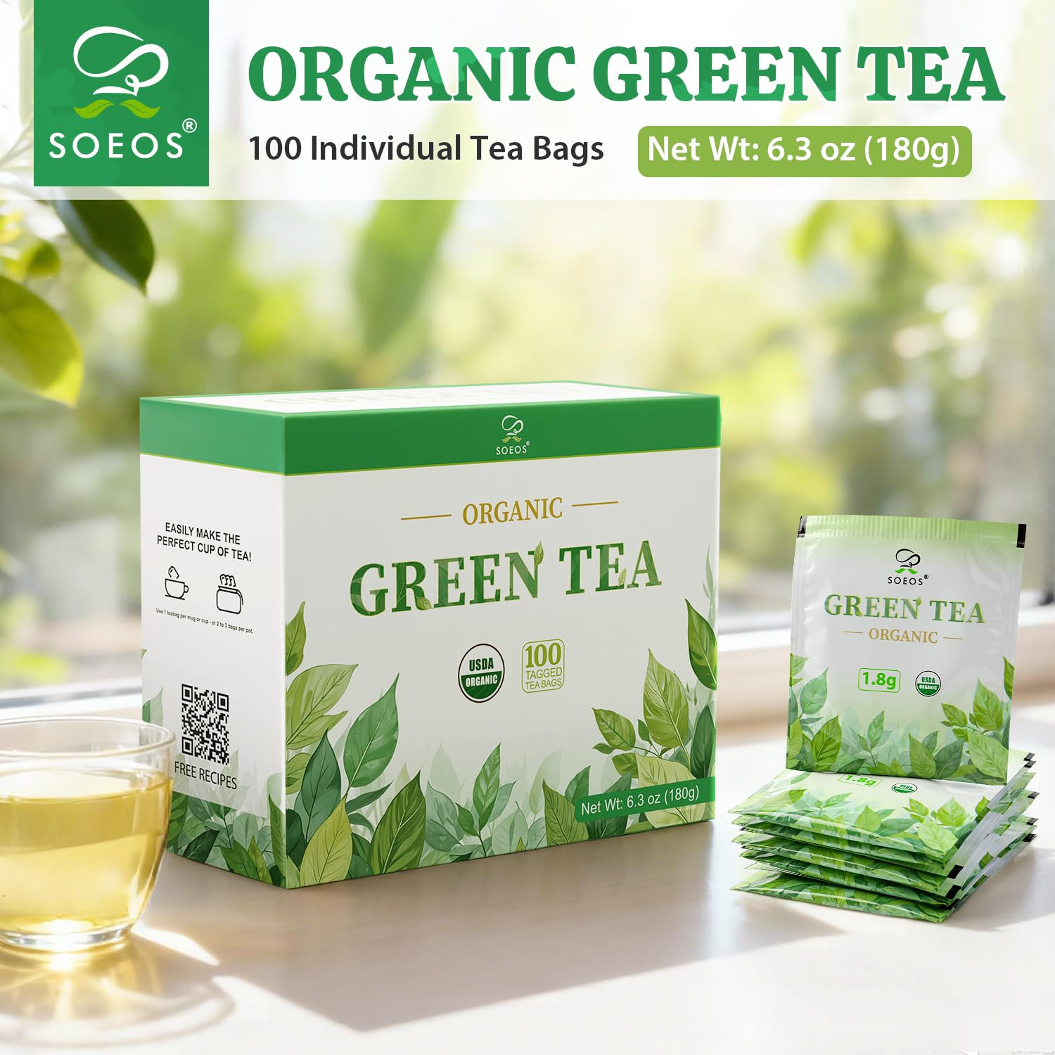 Organic Green Tea, 6.3 Oz (180G), 100 Tea Bags, Refreshing and Fragrant, Sustain