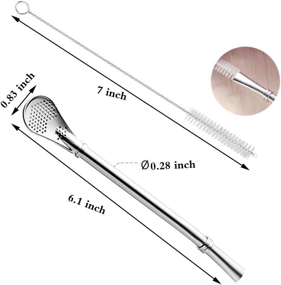 3 Pcs Stainless Steel Straw Filter Spoon Yerba Mate Bombilla Straws with Brush