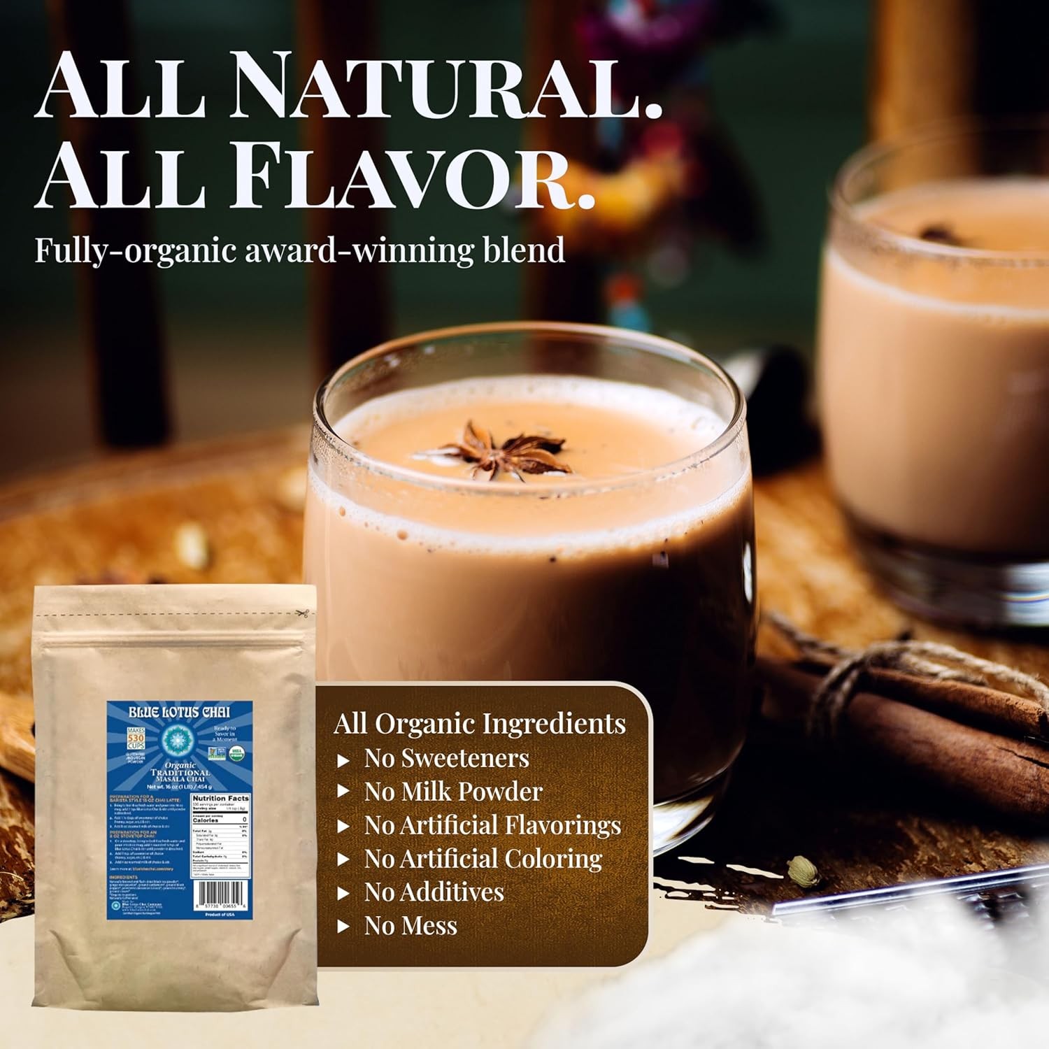 Blue Lotus Chai – Fully Organic Traditional Masala – Makes 530 Cups 1 LB