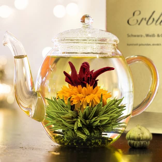 Tea Flowers Mix Golden Gift Set Blooming Tea with Glass Teapot White, Green &…